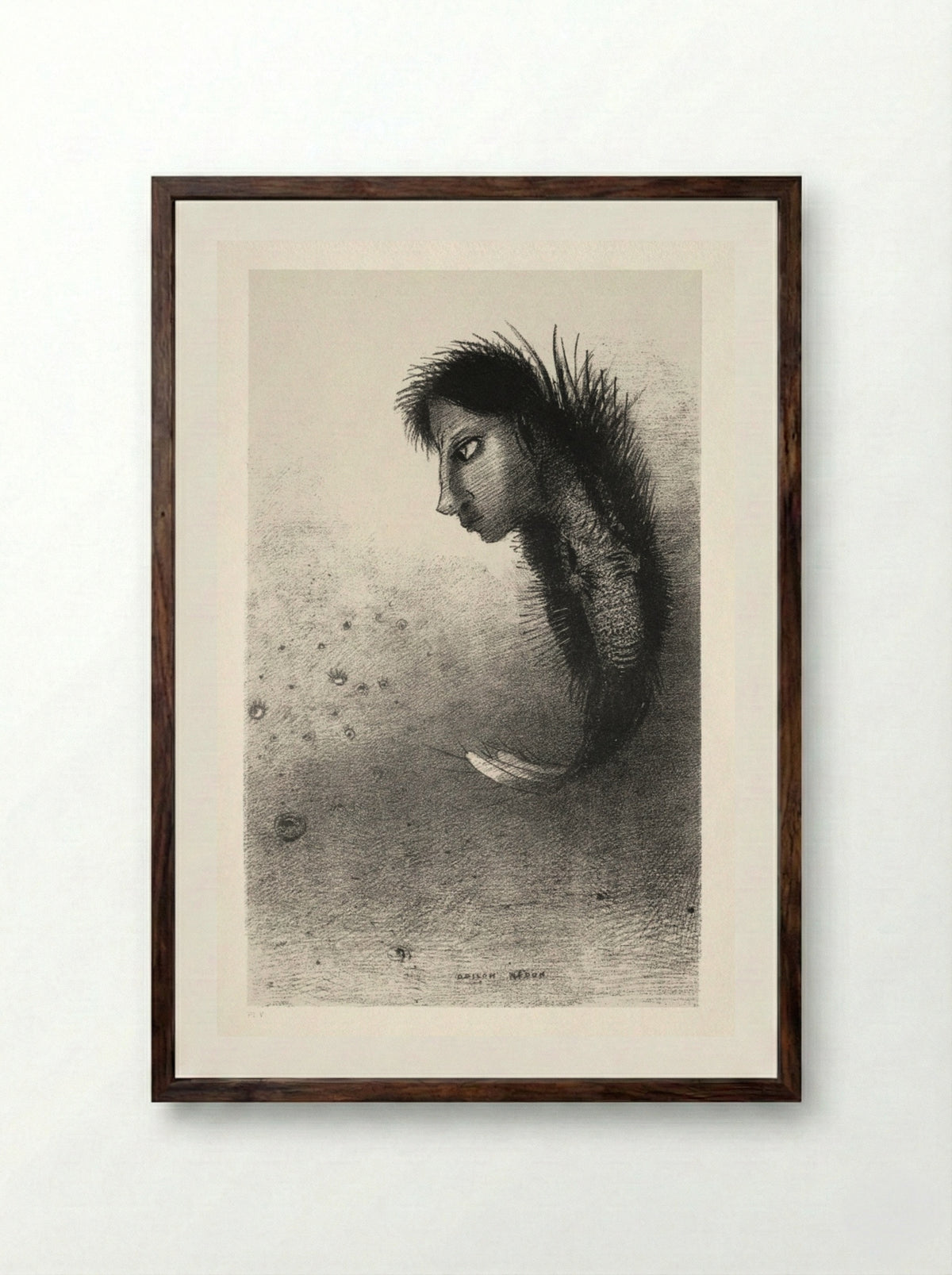 Then There Appears a Singular Being, Having the Head of a Man on the Body of a Fish - Odilon Redon - Framed Print Dark Wood
