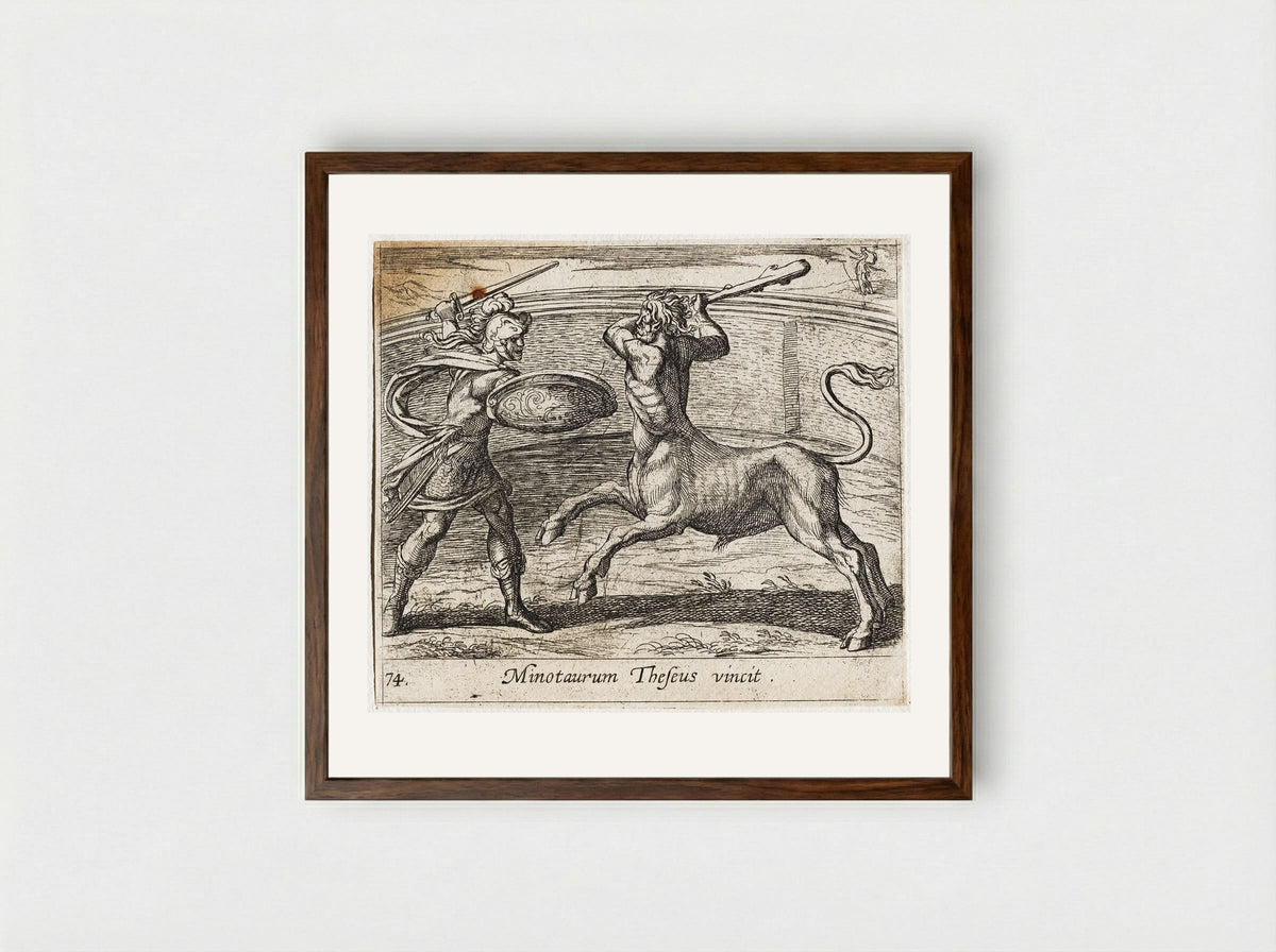 Theseus and the Minotaur - Antonio Tempesta - Framed Print Dark Wood