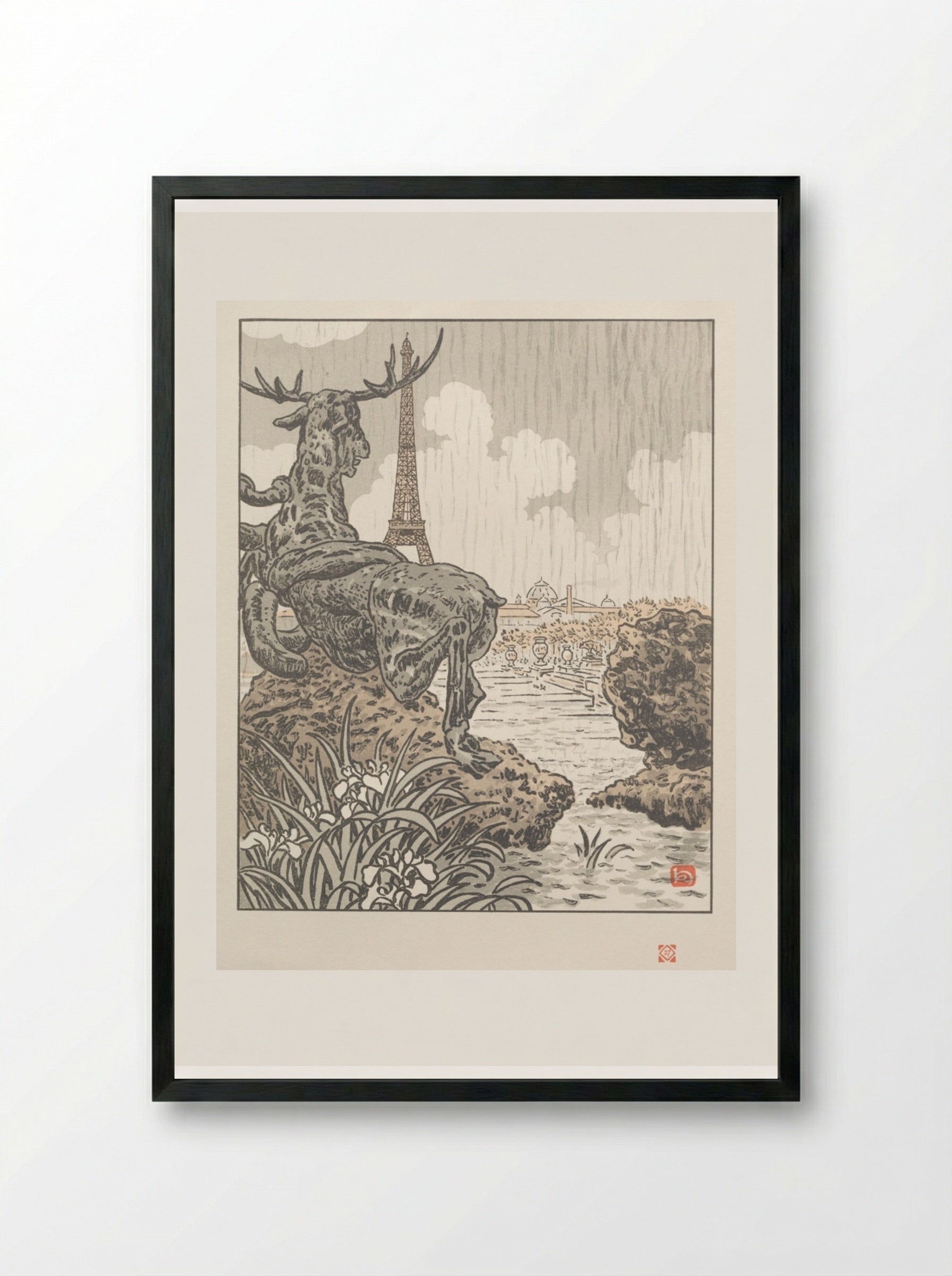 Thirty-Six Views of the Eiffel Tower: From Behind Frémiet's Elk (Trocadero) - Henri Rivière - Framed Print Black