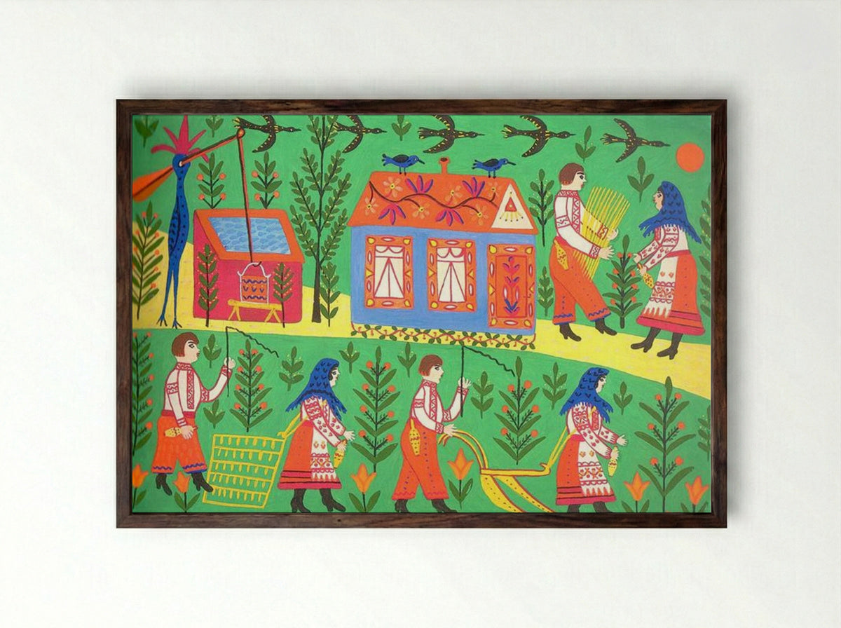 This Man Does Not Know How to Please a Woman - Maria Primachenko - Framed Print Dark Wood