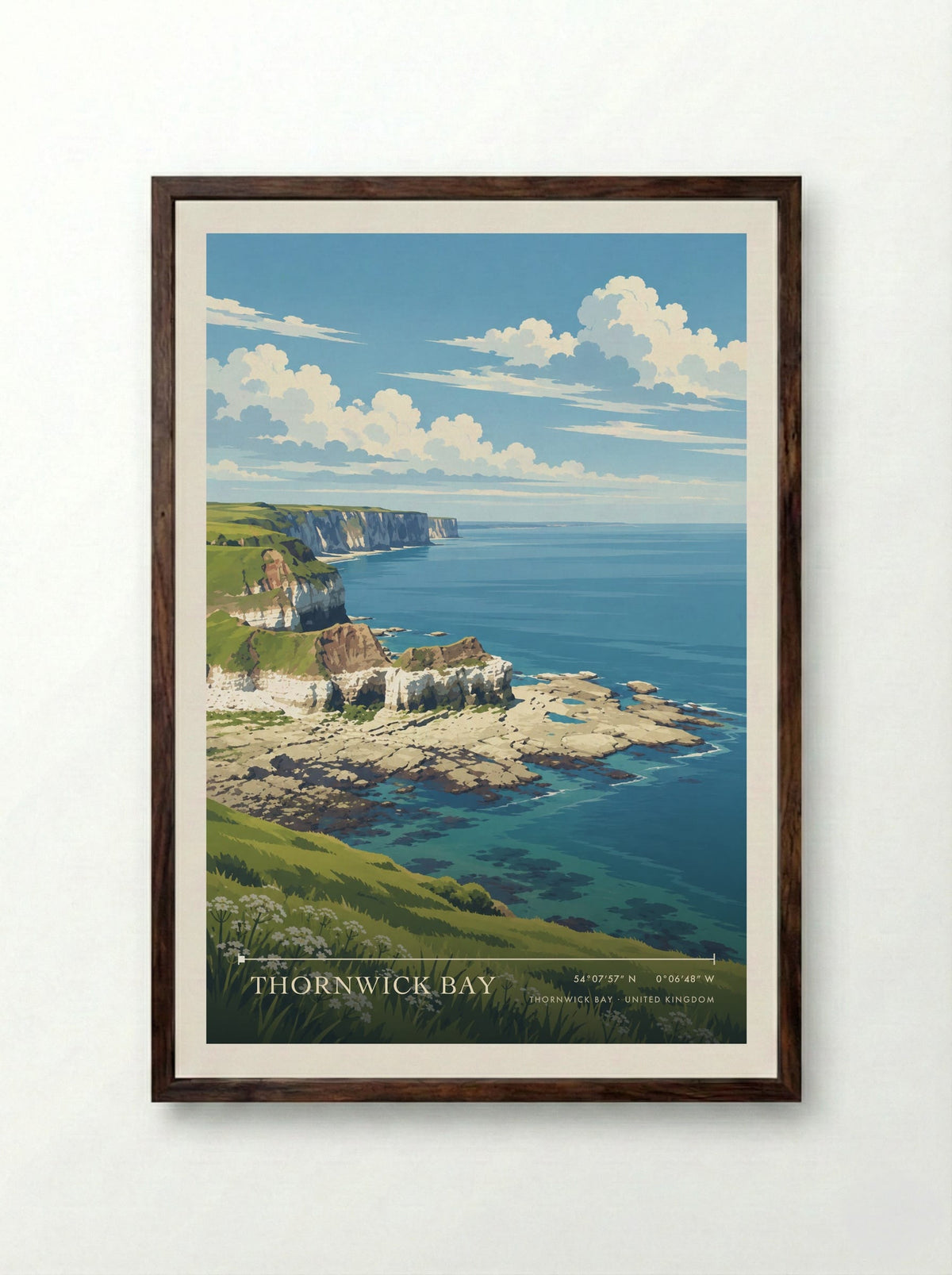 Thornwick Bay | Travel Poster - Framed Print Dark Wood