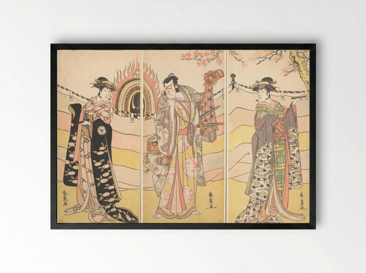 Three Actors in Beautiful Costumes Performing a Religious Dance - Katsukawa Shunsen - Framed Print Black