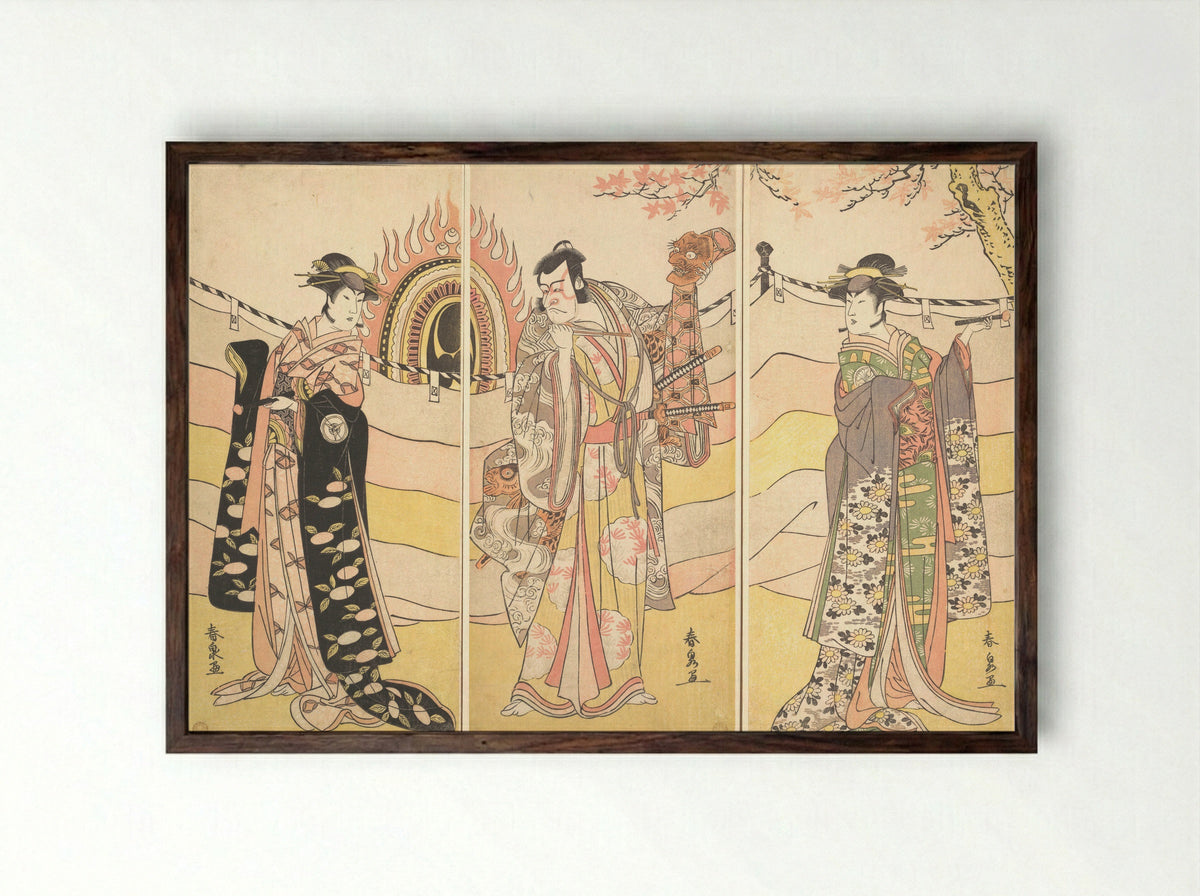 Three Actors in Beautiful Costumes Performing a Religious Dance - Katsukawa Shunsen - Framed Print Dark Wood