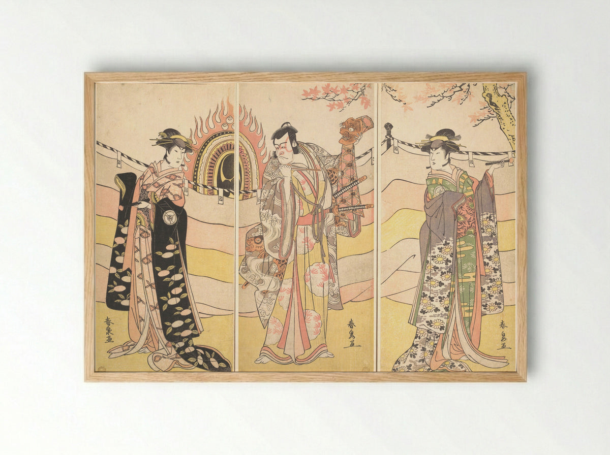 Three Actors in Beautiful Costumes Performing a Religious Dance - Katsukawa Shunsen - Framed Print Wood