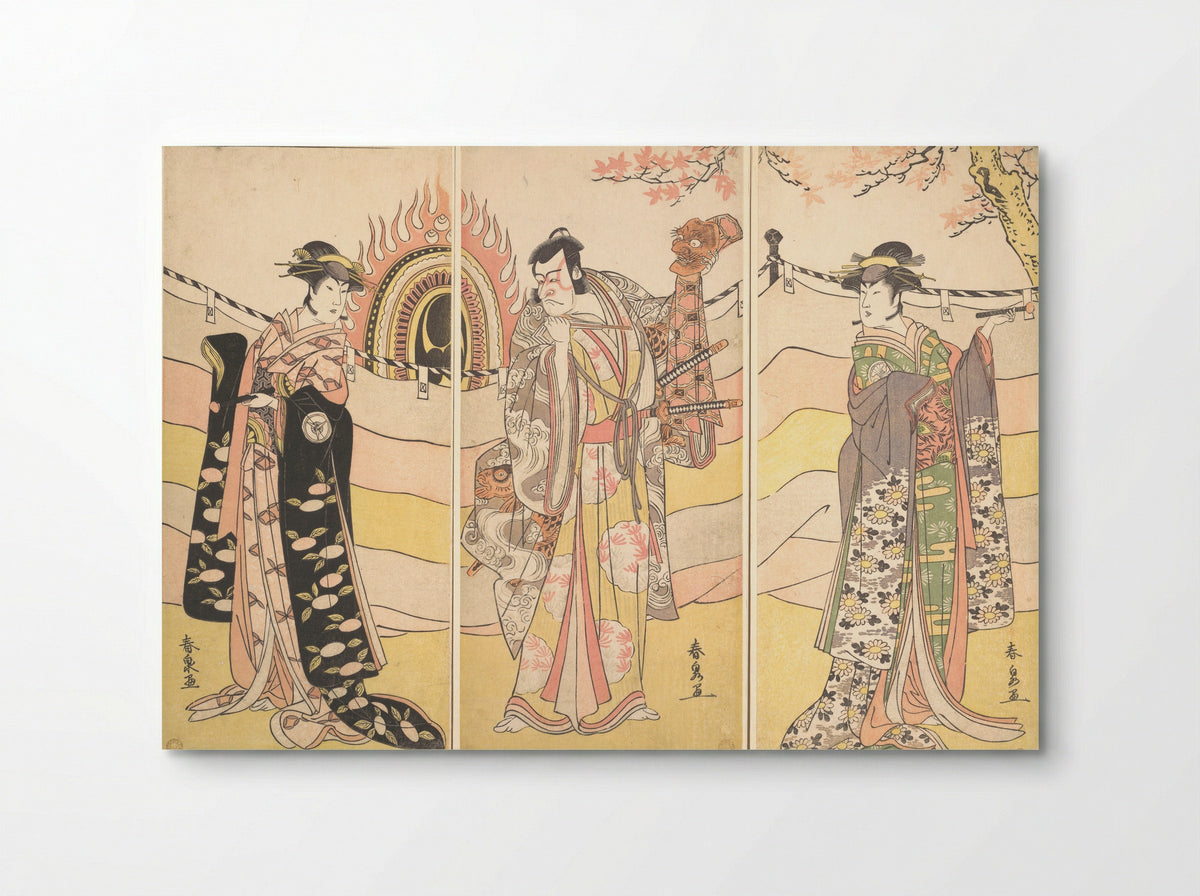 Three Actors in Beautiful Costumes Performing a Religious Dance - Katsukawa Shunsen - Poster