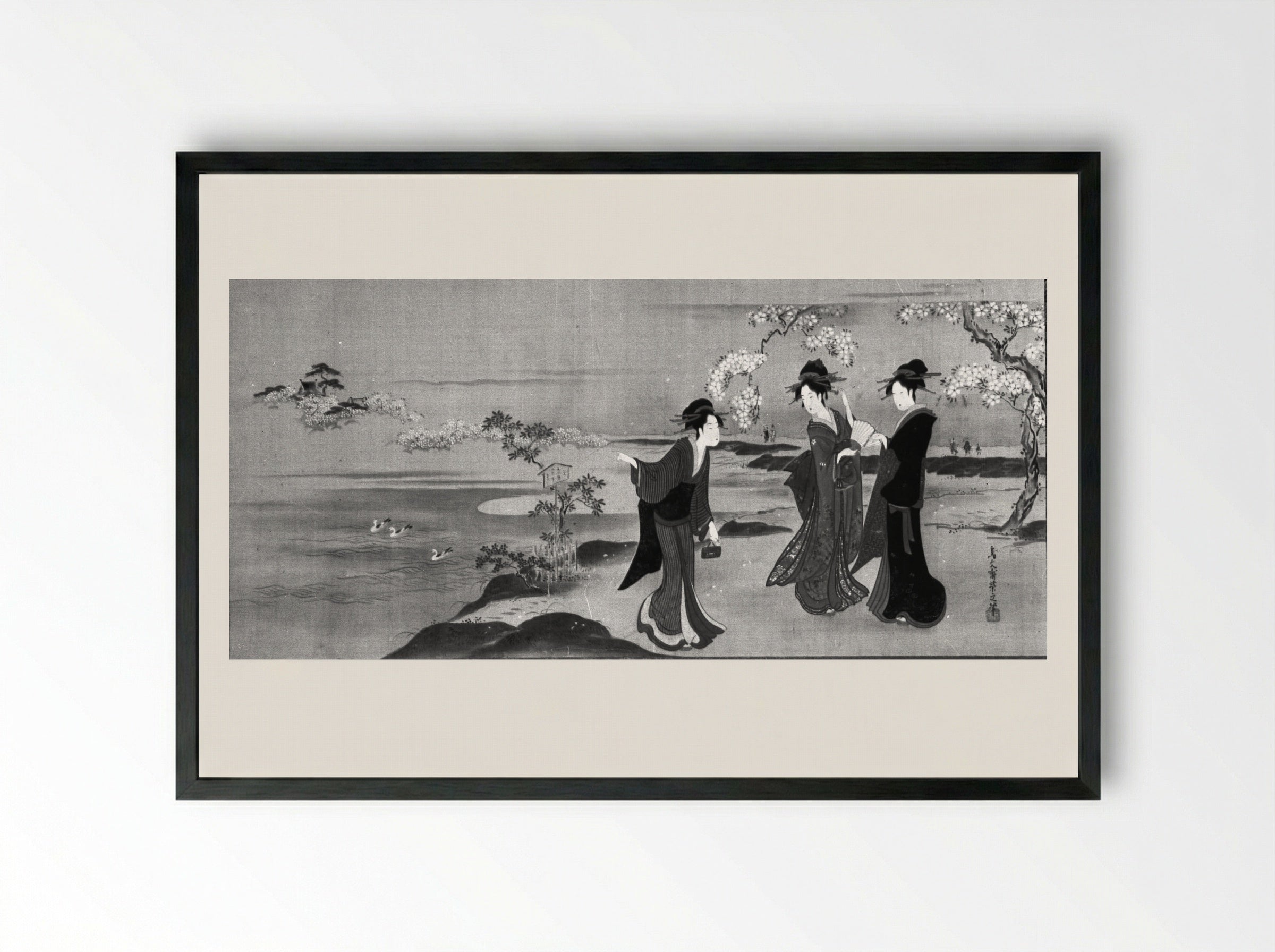 Three Beauties Viewing Cherry Blossoms - Chōbunsai Eishi - Framed Print Black