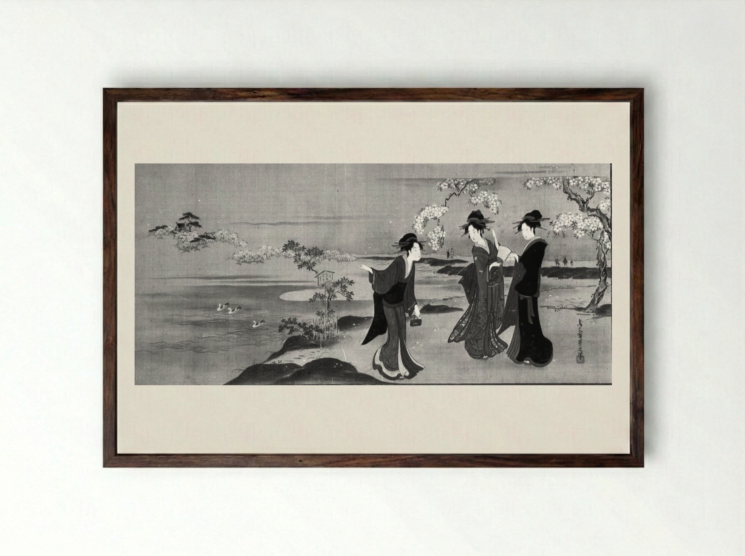 Three Beauties Viewing Cherry Blossoms - Chōbunsai Eishi - Framed Print Dark Wood