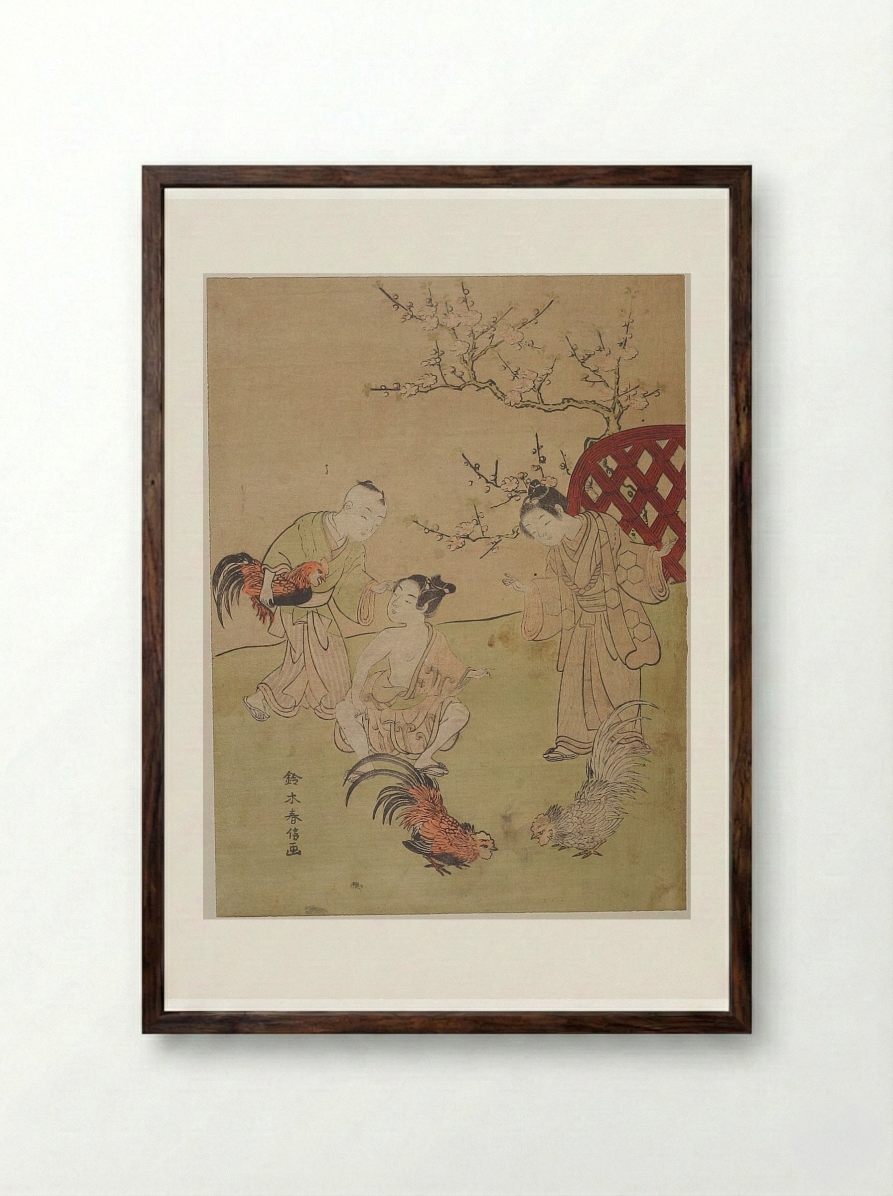 Three Children with Three Fighting Cocks - Suzuki Harunobu - Framed Print Dark Wood