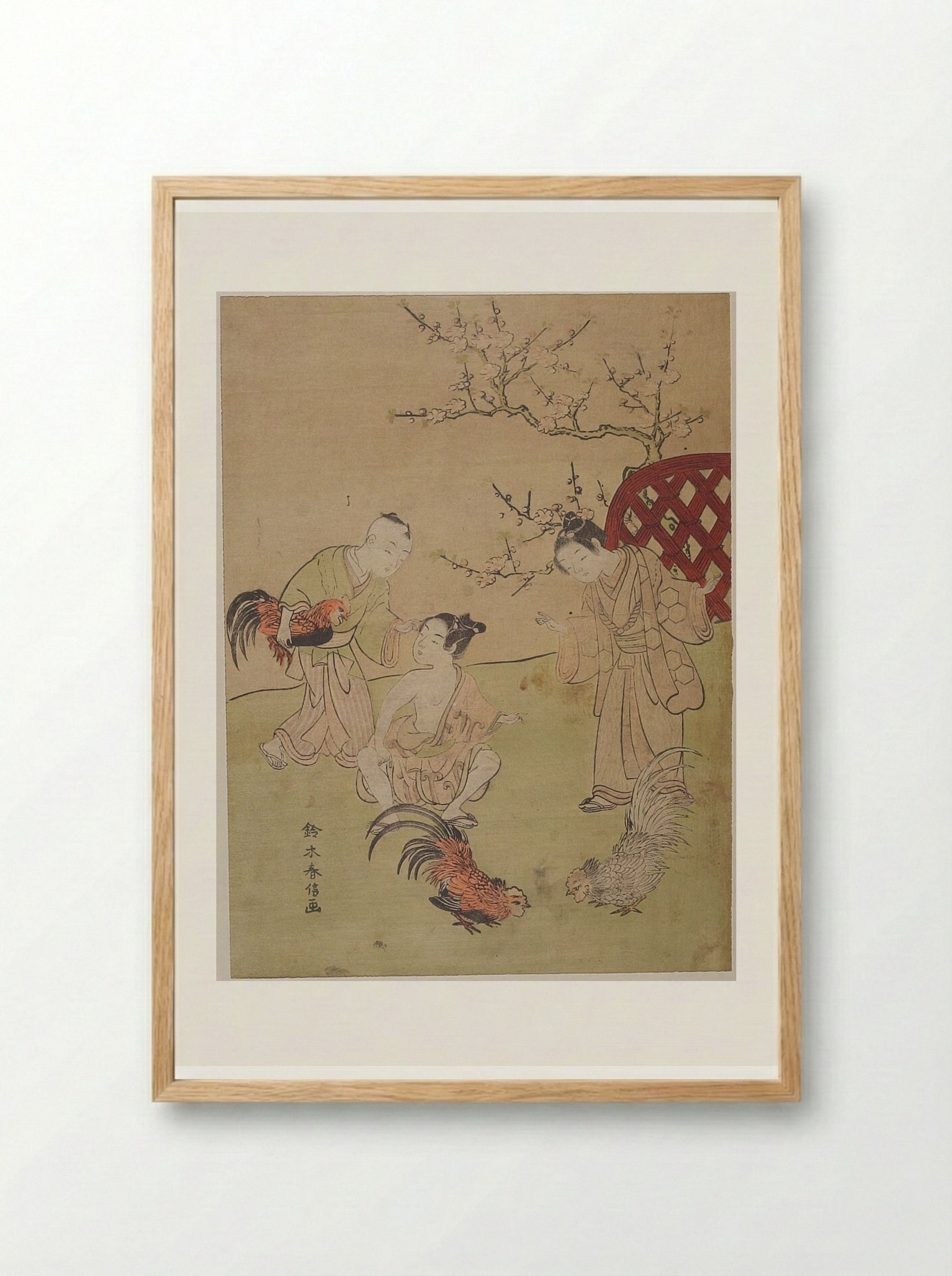 Three Children with Three Fighting Cocks - Suzuki Harunobu - Framed Print Wood