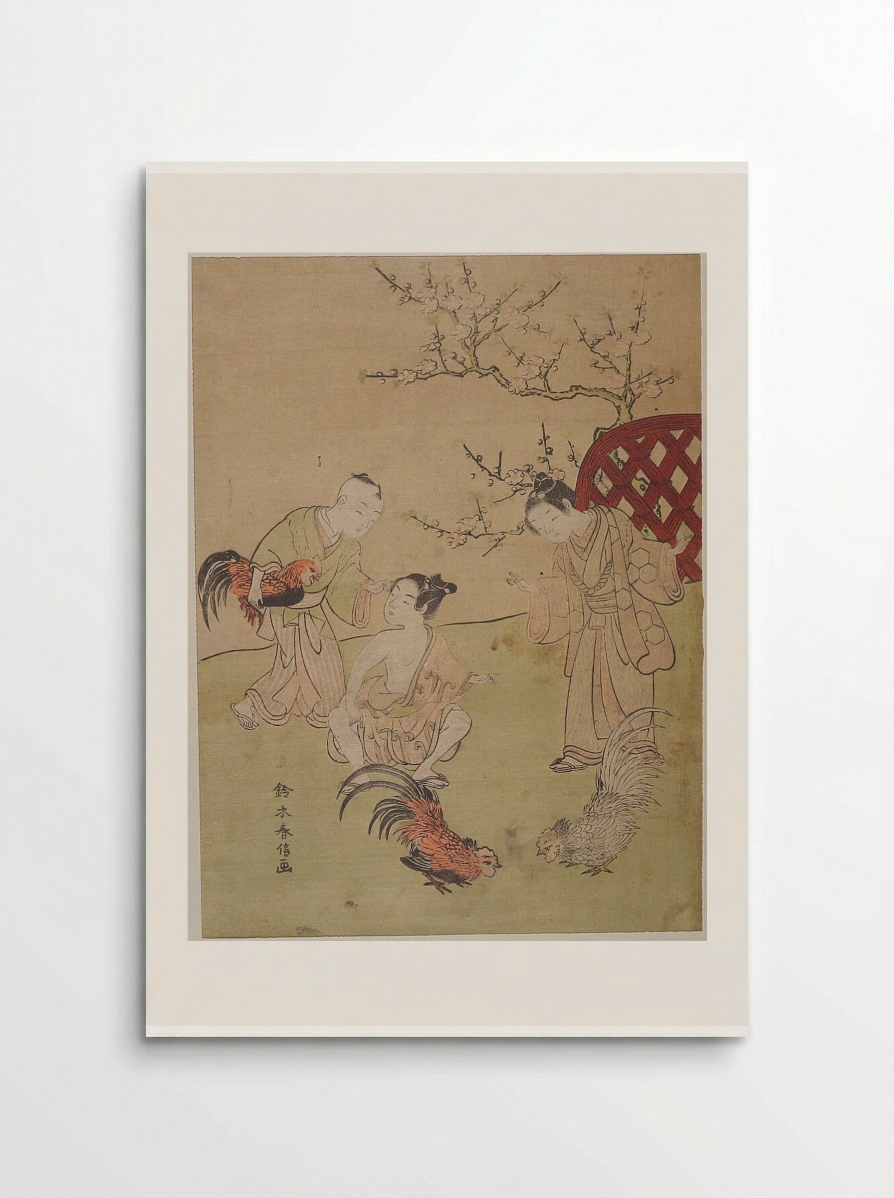 Three Children with Three Fighting Cocks - Suzuki Harunobu - Poster