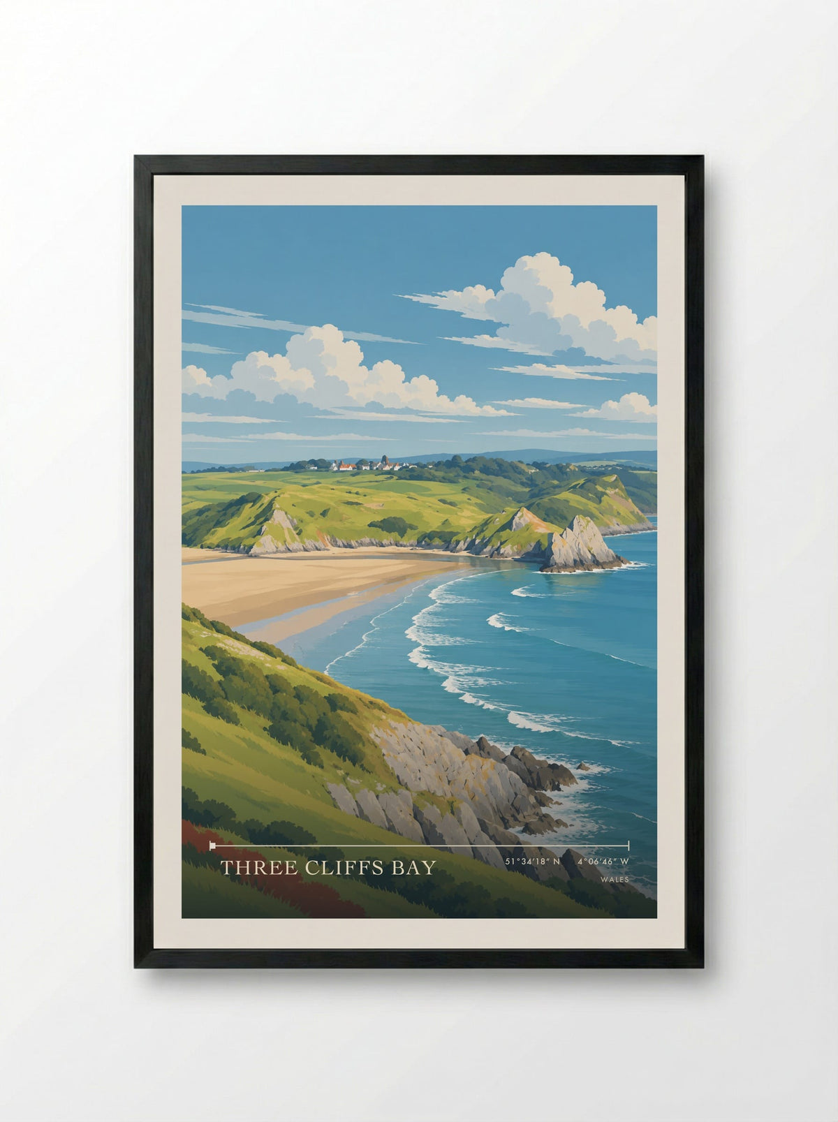 Three Cliffs Bay | Travel Poster - Framed Print Black