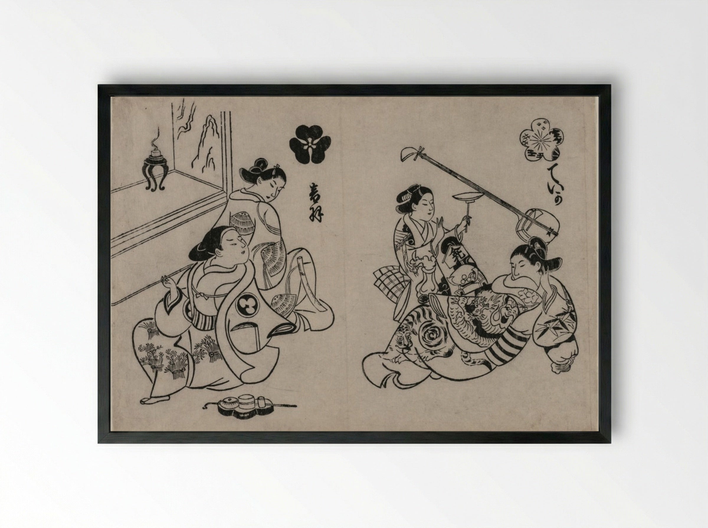 Three Courtesans with a Client - Okumura Masanobu - Framed Print Black