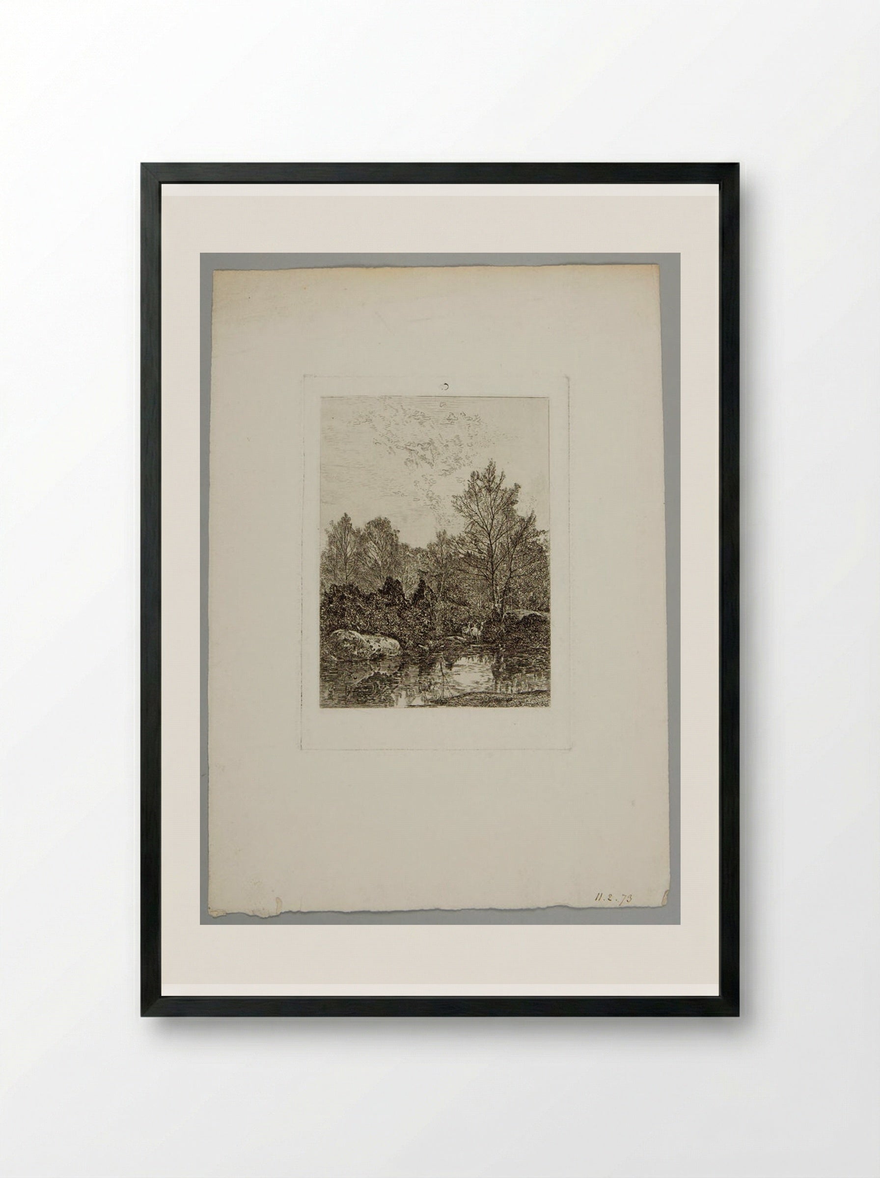 Three Deer at a Forest Pool - Karl Bodmer - Framed Print Black