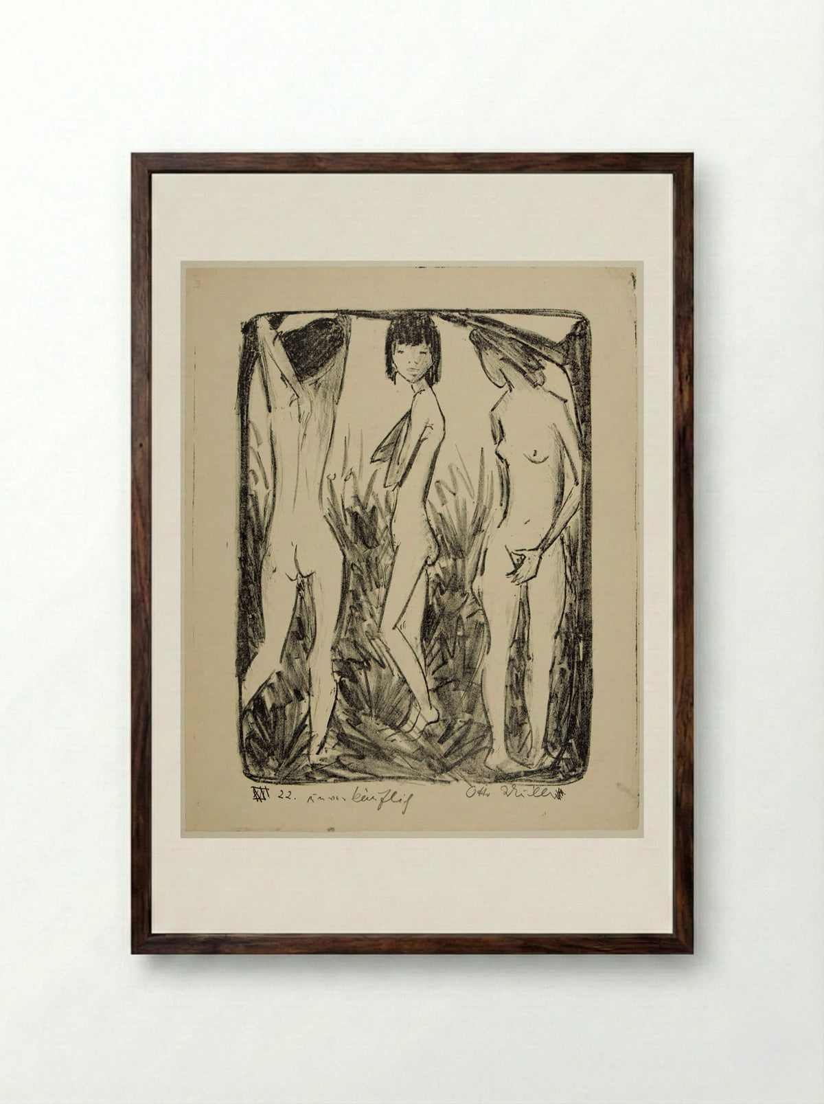 Three Figures in a Landscape - Otto Mueller - Framed Print Dark Wood