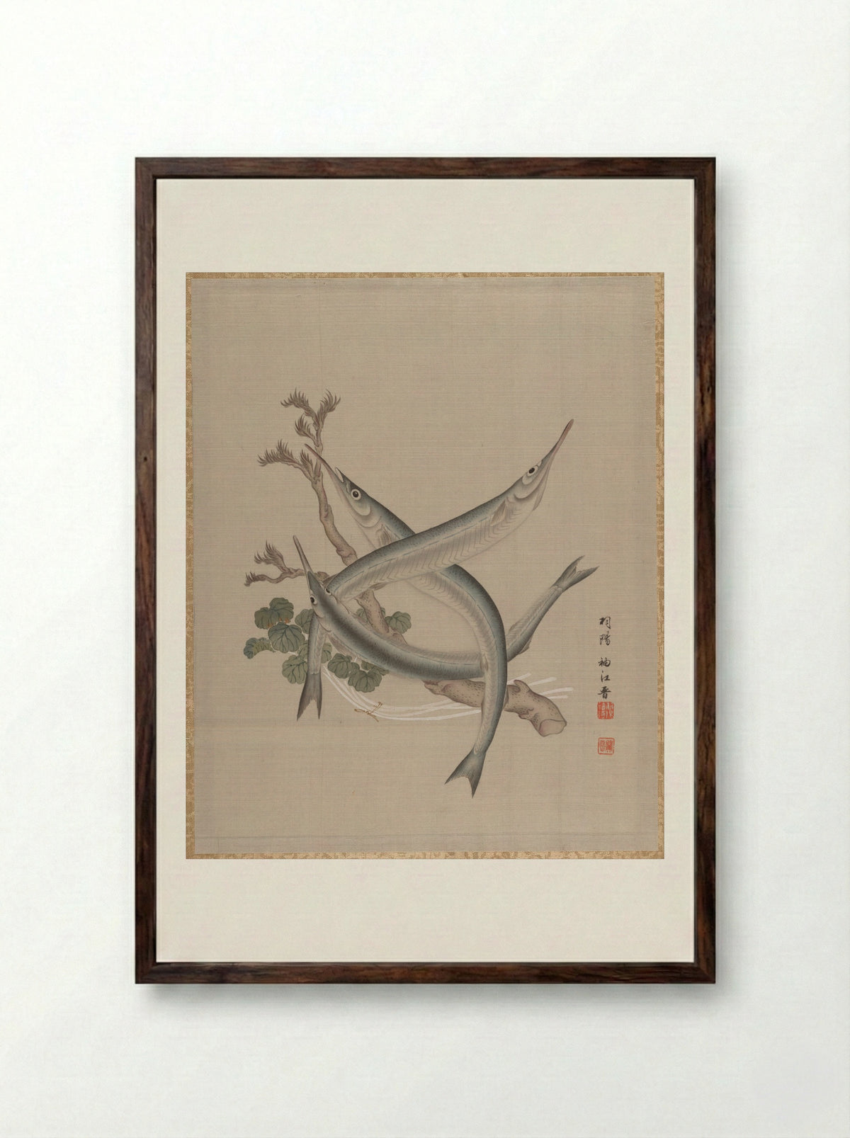 Three Fishes and a Branch - Seki Shūkō - Framed Print Dark Wood
