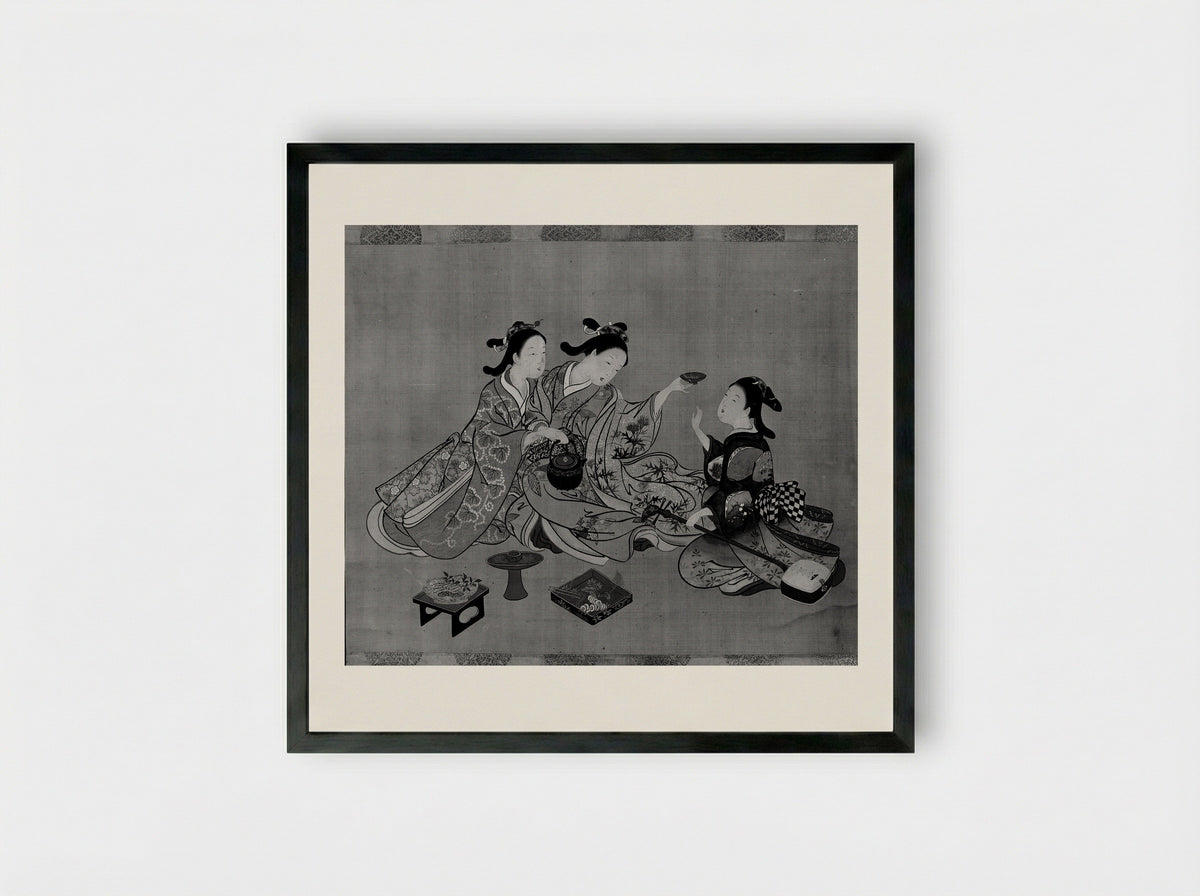 Three Girls Having Tea - Nishikawa Sukenobu - Framed Print Black