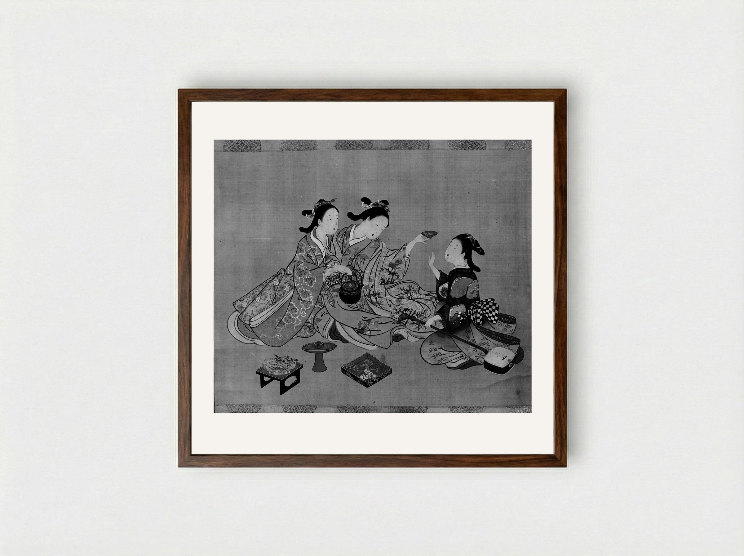 Three Girls Having Tea - Nishikawa Sukenobu - Framed Print Dark Wood