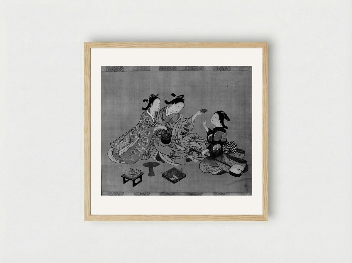 Three Girls Having Tea - Nishikawa Sukenobu - Framed Print Wood