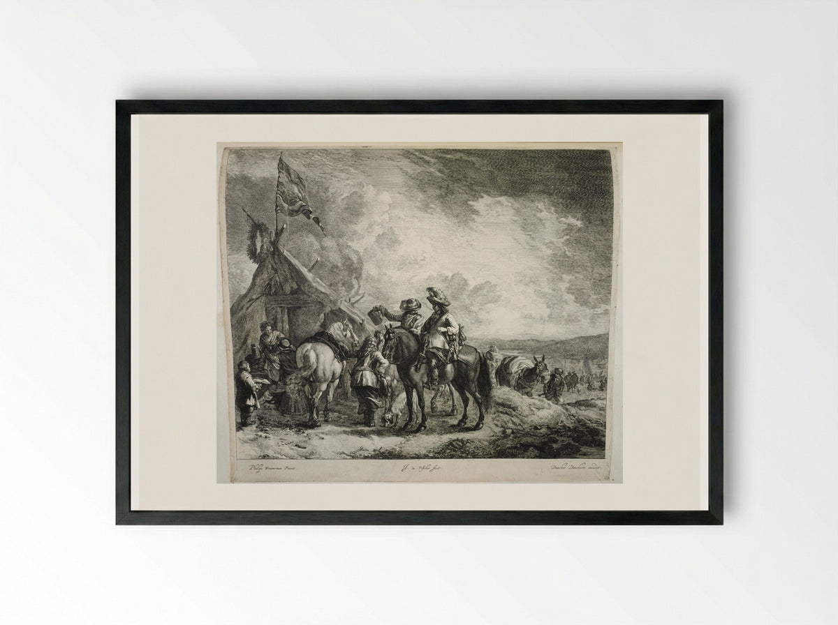 Three Horsemen at the Sutler's Tent - Johannes de Visscher - Framed Print Black