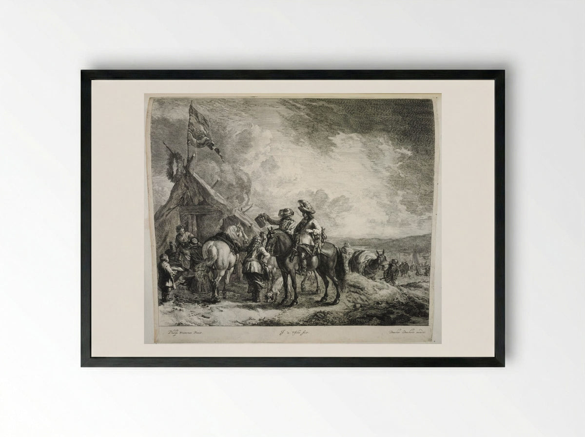 Three Horsemen at the Sutler's Tent - Johannes de Visscher - Framed Print Black