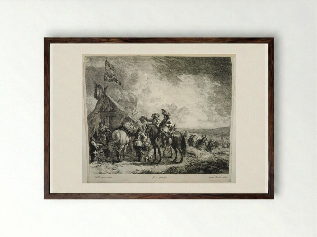 Three Horsemen at the Sutler's Tent - Johannes de Visscher - Framed Print Dark Wood