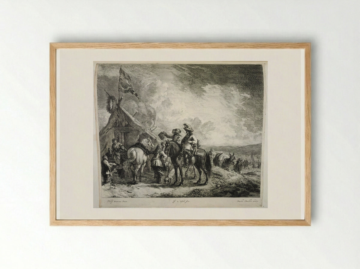Three Horsemen at the Sutler's Tent - Johannes de Visscher - Framed Print Wood