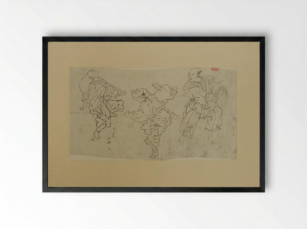 Three Kyōgen Dancers - Kawanabe Kyōsai - Framed Print Black