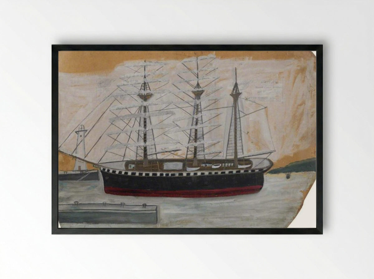 Three-Masted Ship near Lighthouse - Alfred Wallis - Framed Print Black
