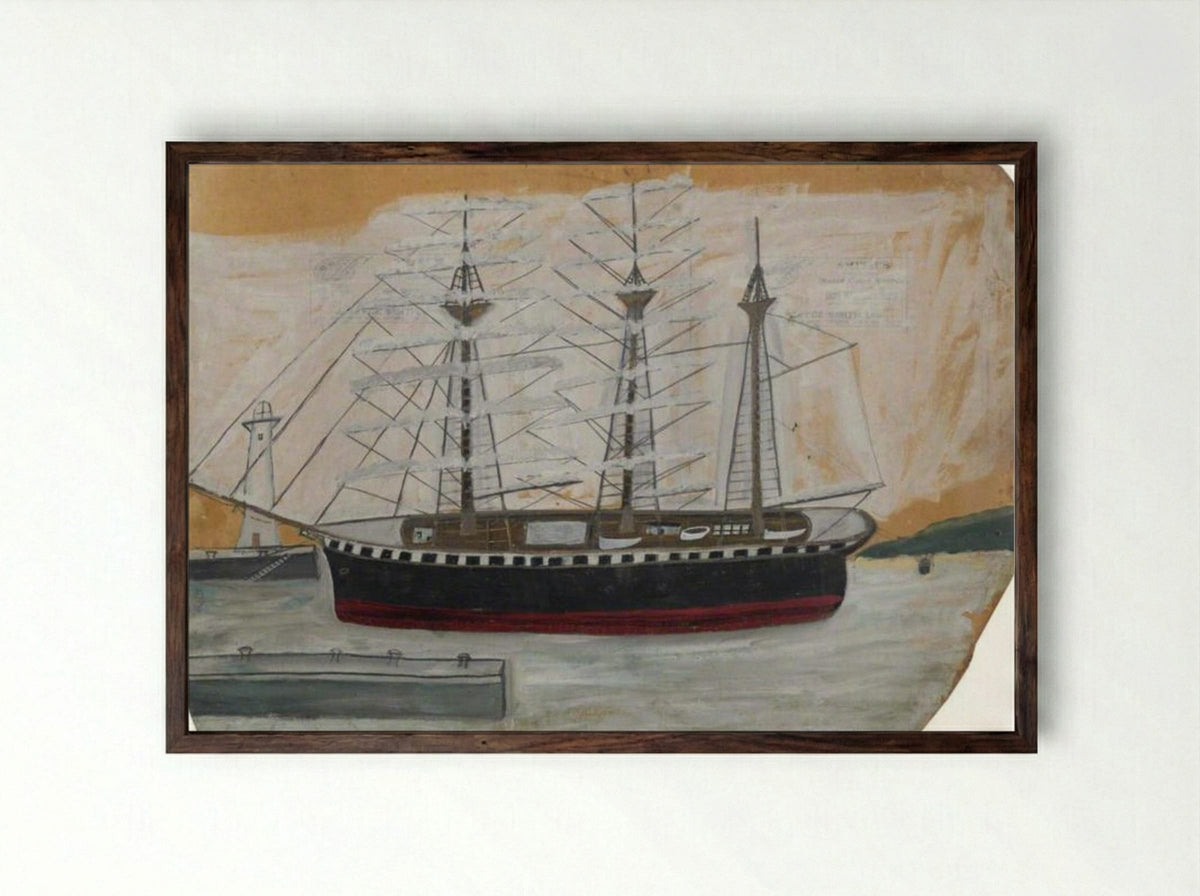 Three-Masted Ship near Lighthouse - Alfred Wallis - Framed Print Dark Wood