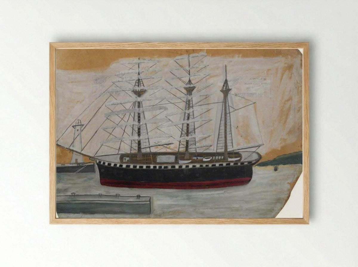 Three-Masted Ship near Lighthouse - Alfred Wallis - Framed Print Wood