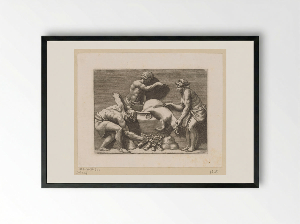 Three Men Sacrificing a Pig - Adamo Scultori - Framed Print Black