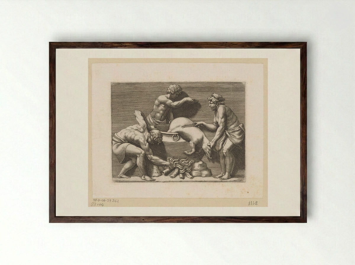 Three Men Sacrificing a Pig - Adamo Scultori - Framed Print Dark Wood