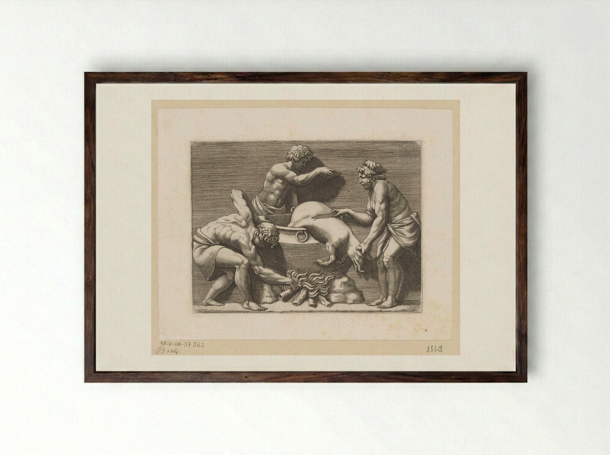 Three Men Sacrificing a Pig - Adamo Scultori - Framed Print Dark Wood