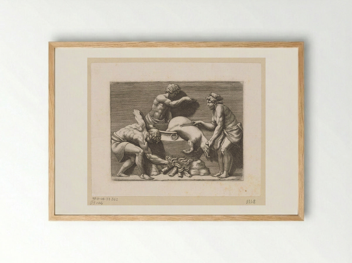 Three Men Sacrificing a Pig - Adamo Scultori - Framed Print Wood