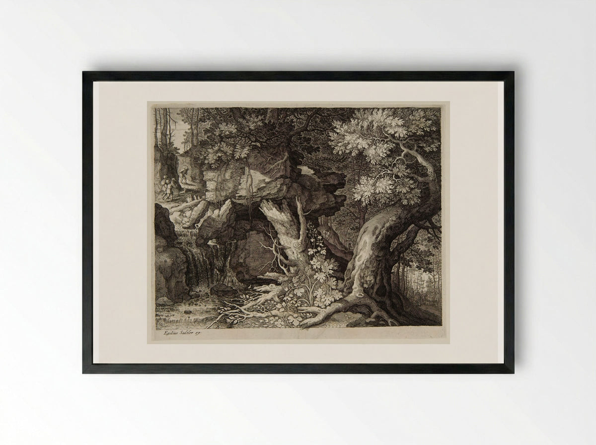 Three Men and a Dog on a Path above a Waterfall - Aegidius Sadeler II - Framed Print Black