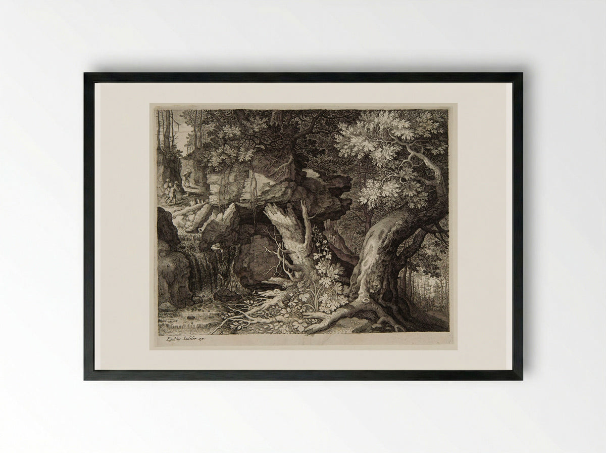 Three Men and a Dog on a Path above a Waterfall - Aegidius Sadeler II - Framed Print Black