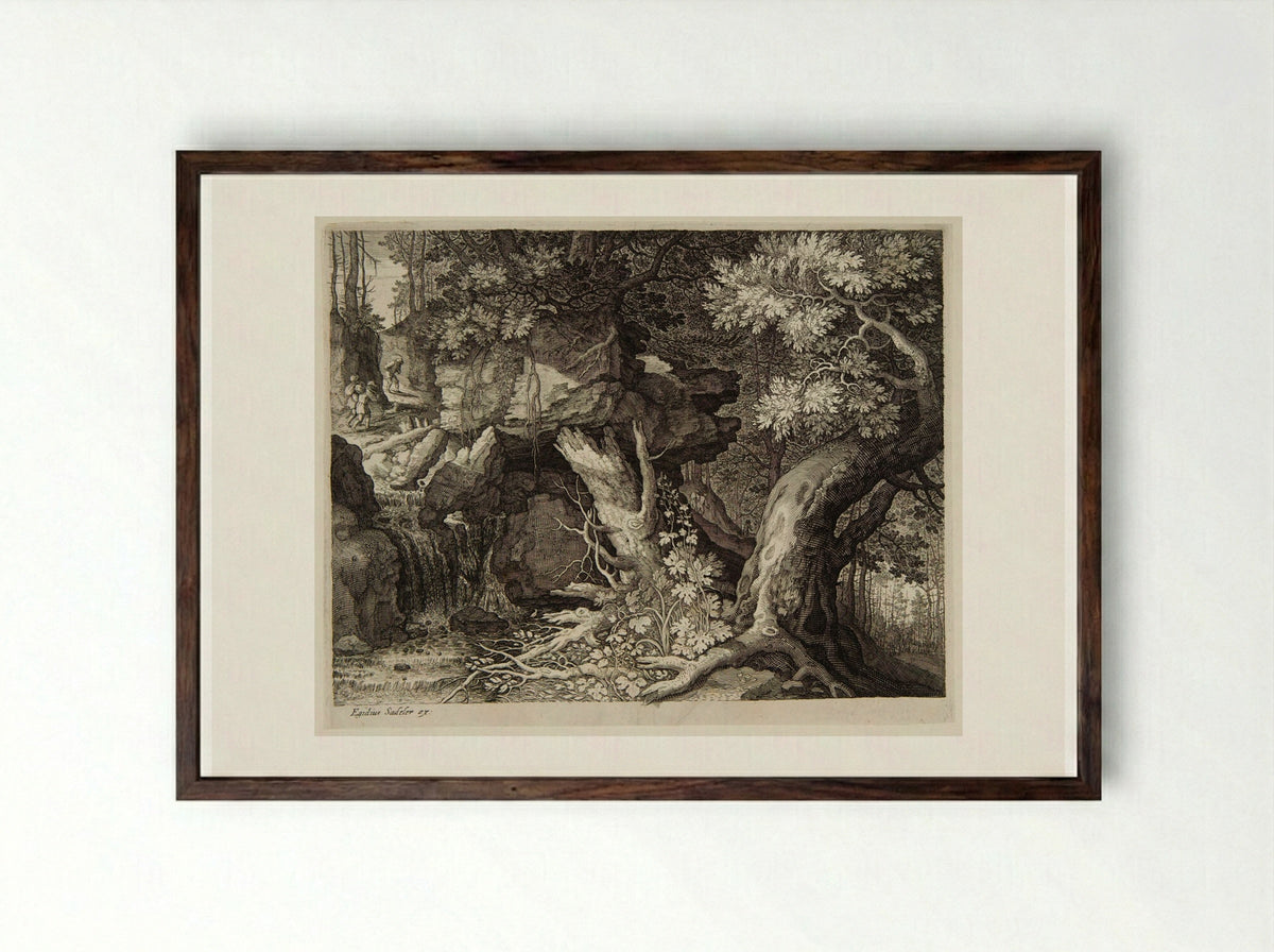 Three Men and a Dog on a Path above a Waterfall - Aegidius Sadeler II - Framed Print Dark Wood
