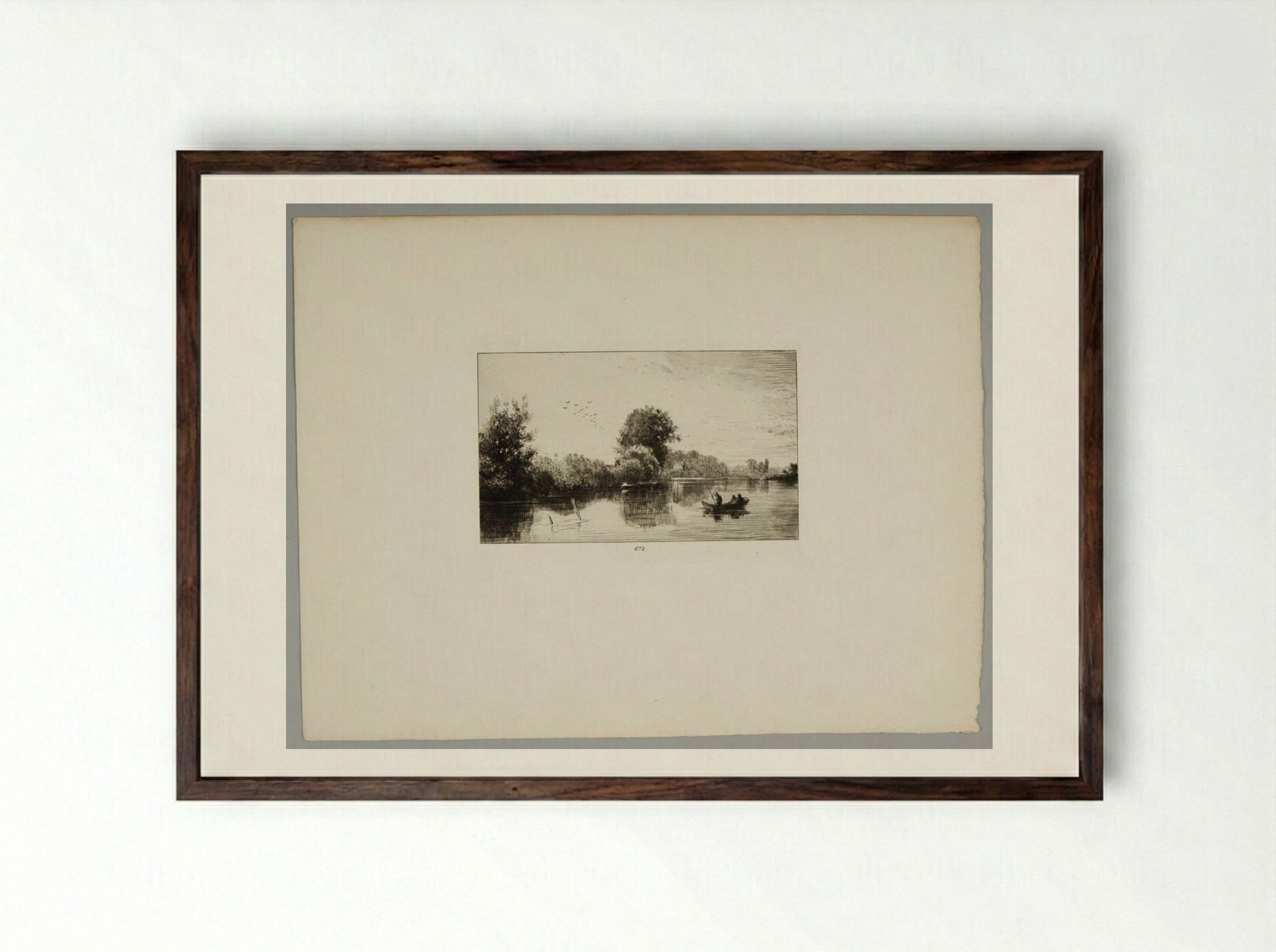 Three Men in a Punt on a River Bordered by Trees - Charles-Émile Jacque - Framed Print Dark Wood