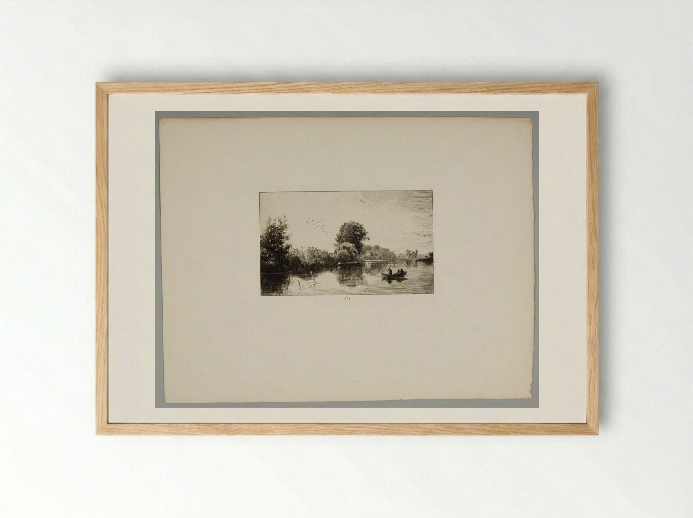 Three Men in a Punt on a River Bordered by Trees - Charles-Émile Jacque - Framed Print Wood