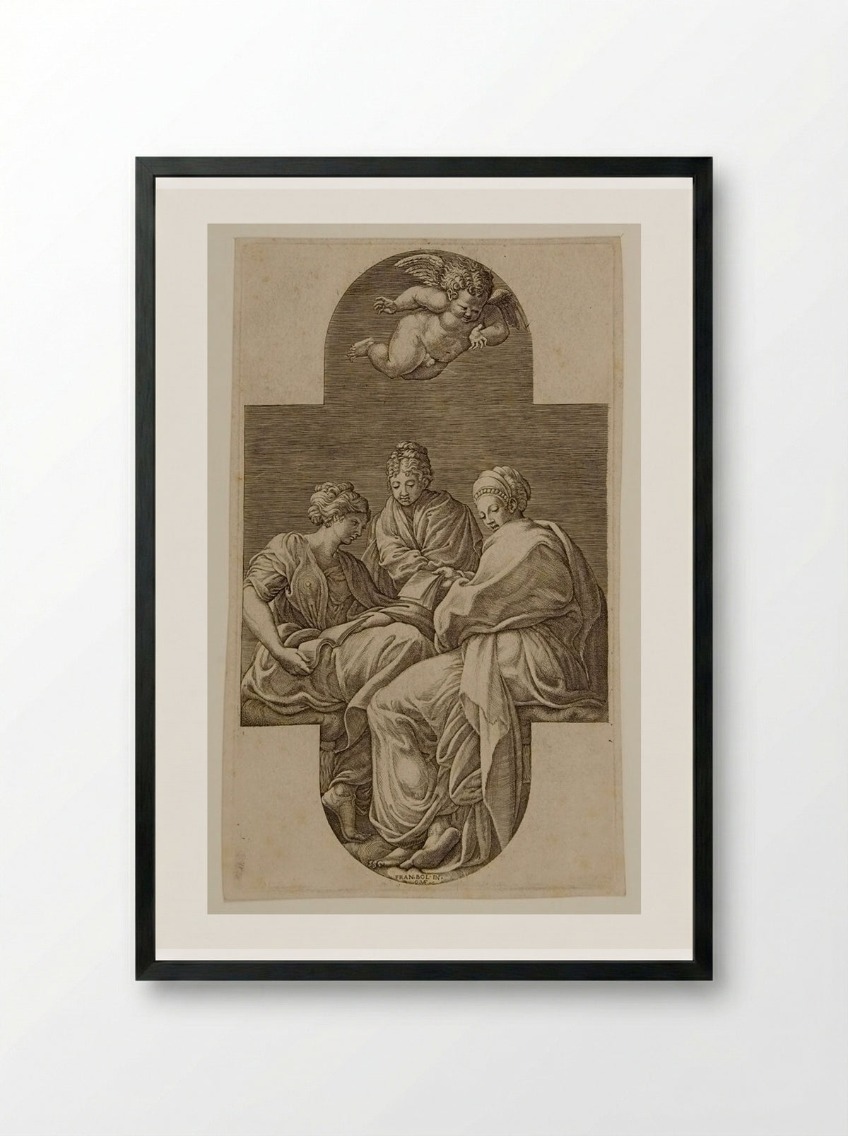 Three Muses and a Putto with a Lyre - Giorgio Ghisi - Framed Print Black