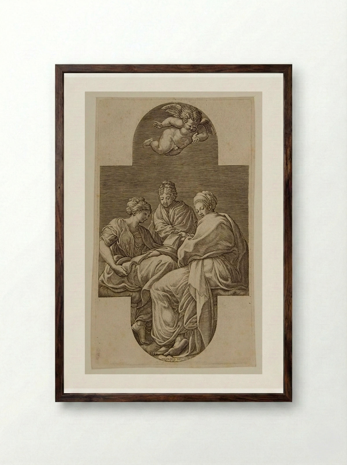 Three Muses and a Putto with a Lyre - Giorgio Ghisi - Framed Print Dark Wood