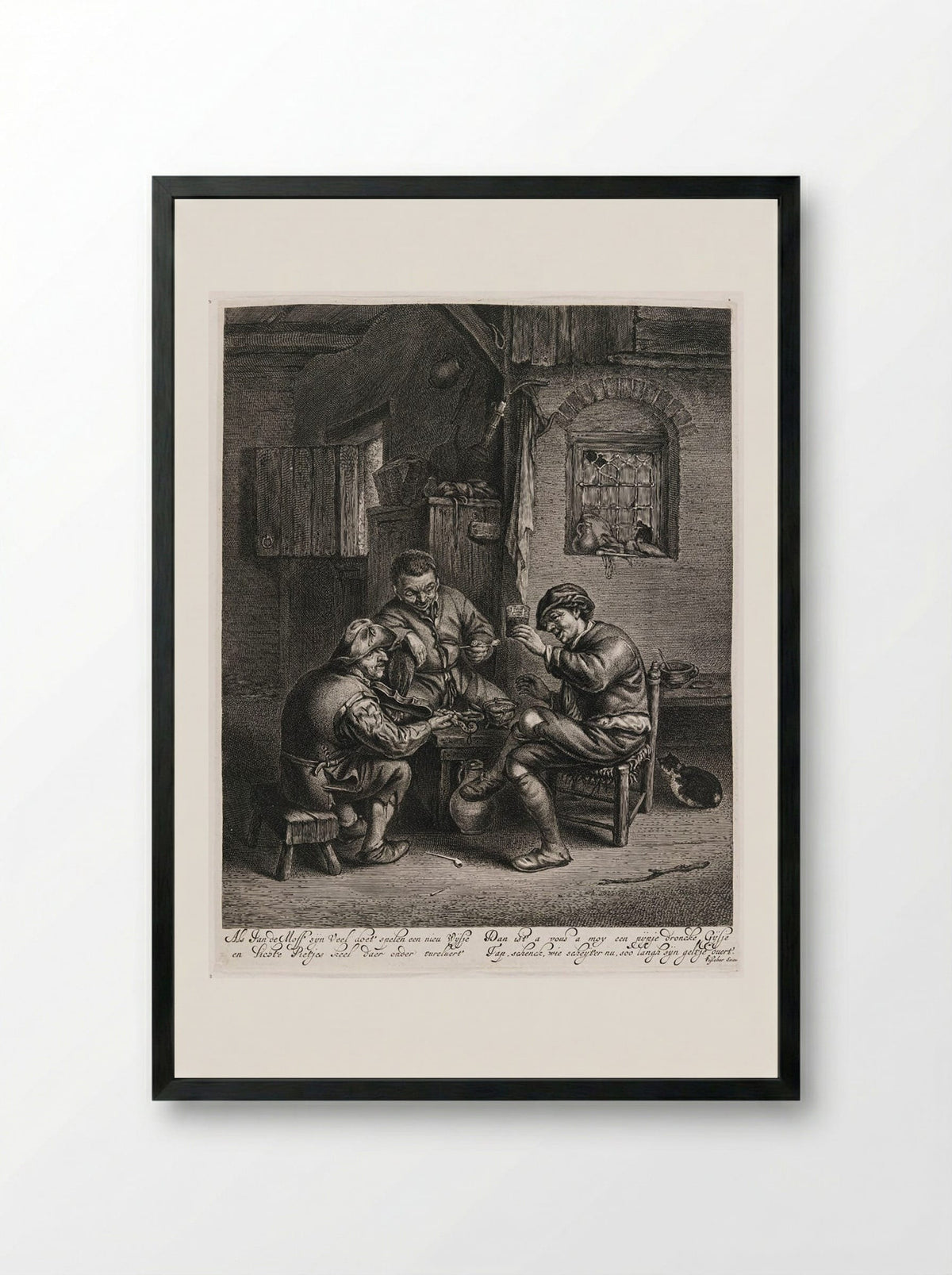 Three Peasants Around a Bench in an Interior - Jonas Suyderhoef - Framed Print Black