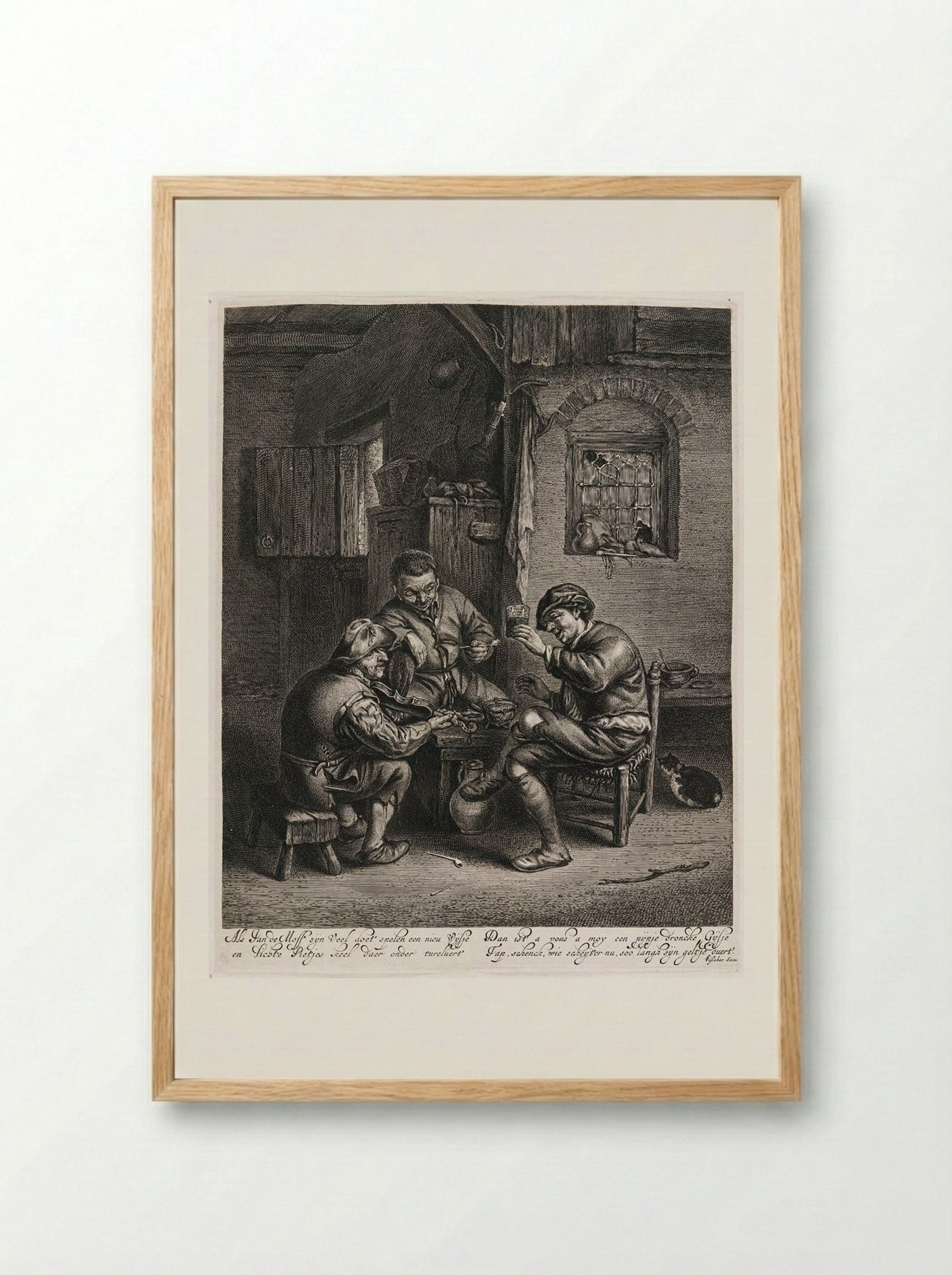 Three Peasants Around a Bench in an Interior - Jonas Suyderhoef - Framed Print Wood