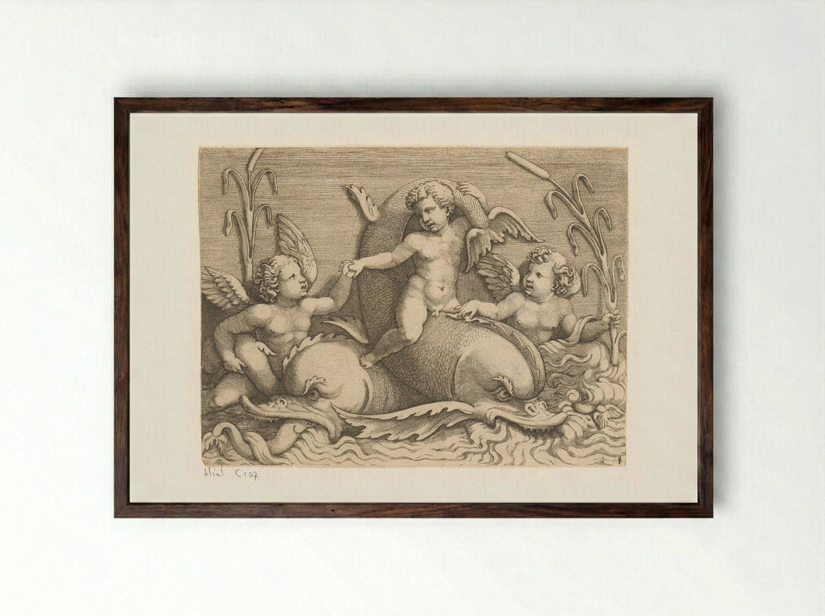Three Putti with Dolphins - Adamo Scultori - Framed Print Dark Wood