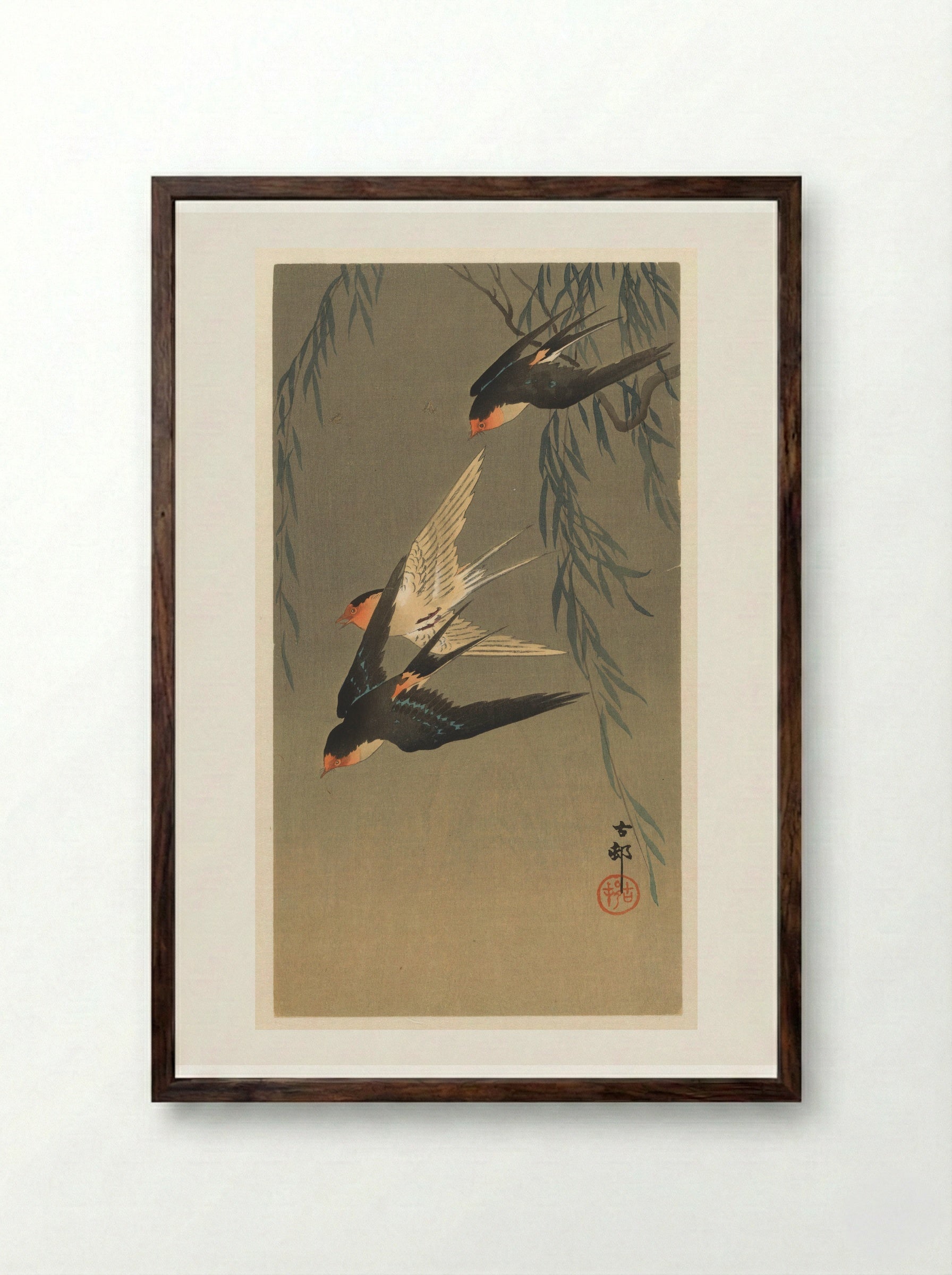 Three Red-rumped Swallows in a Dive - Matsuki Heikichi - Framed Print Dark Wood