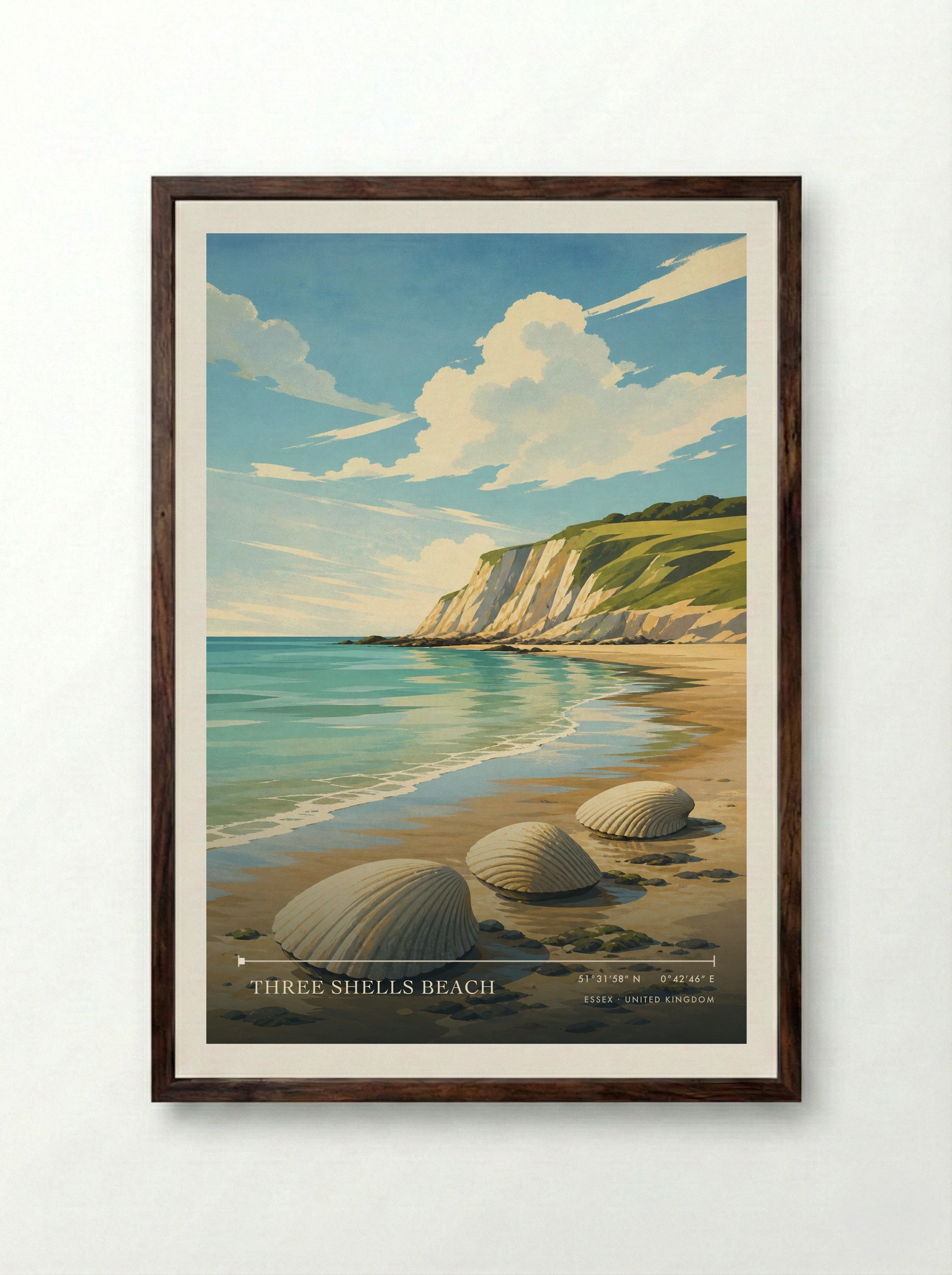 Three Shells Beach Essex United Kingdom Travel Poster - Framed Print Dark Wood