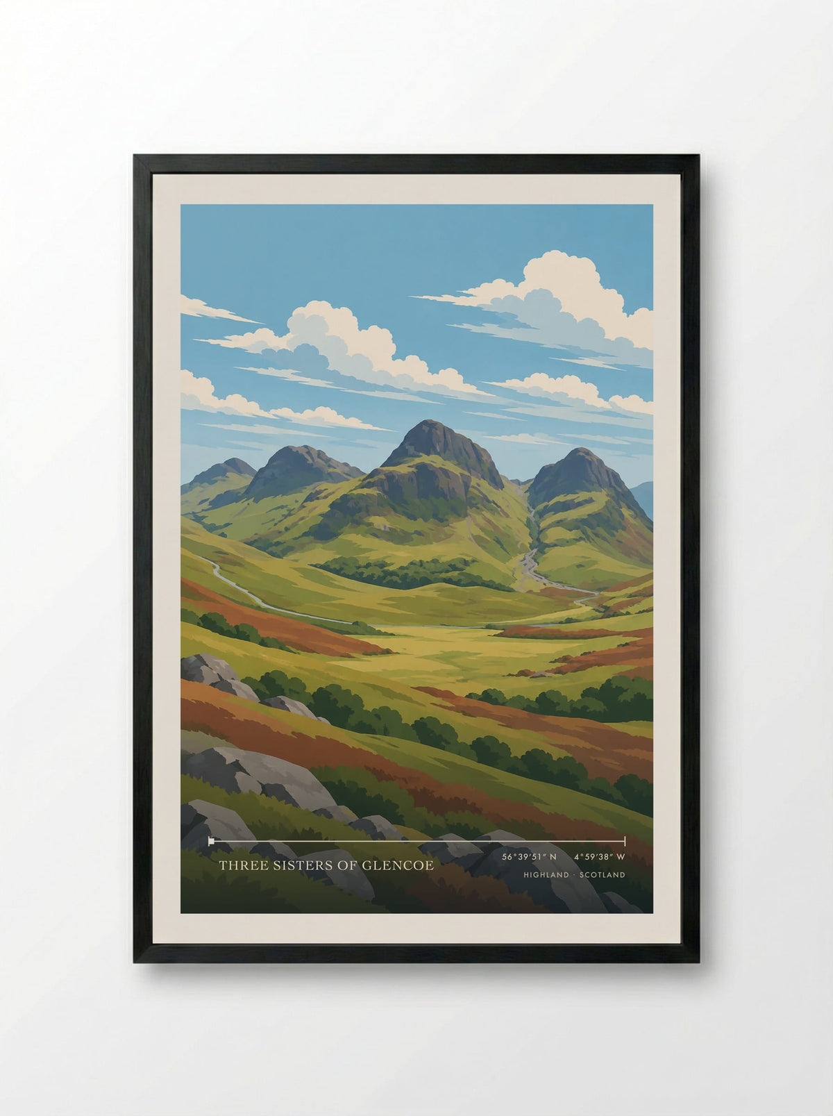 Three Sisters of Glencoe, Highland | Travel Poster - Framed Print Black