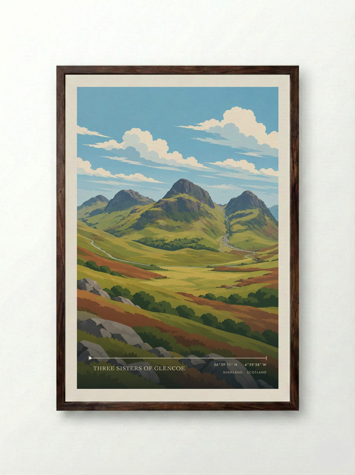 Three Sisters of Glencoe, Highland | Travel Poster - Framed Print Dark Wood