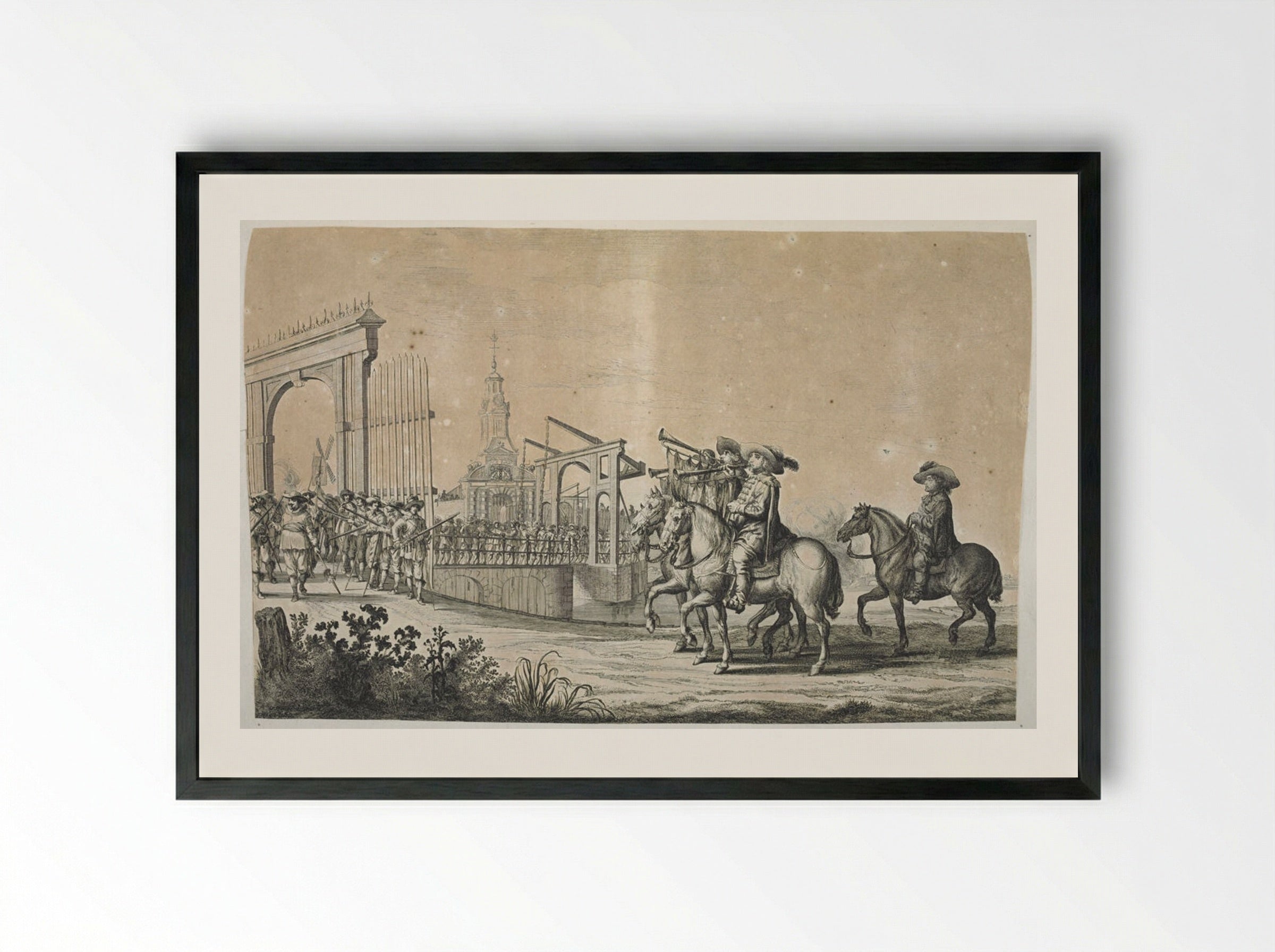 Three Trumpeters at the Gates of Amsterdam - Pieter Nolpe - Framed Print Black