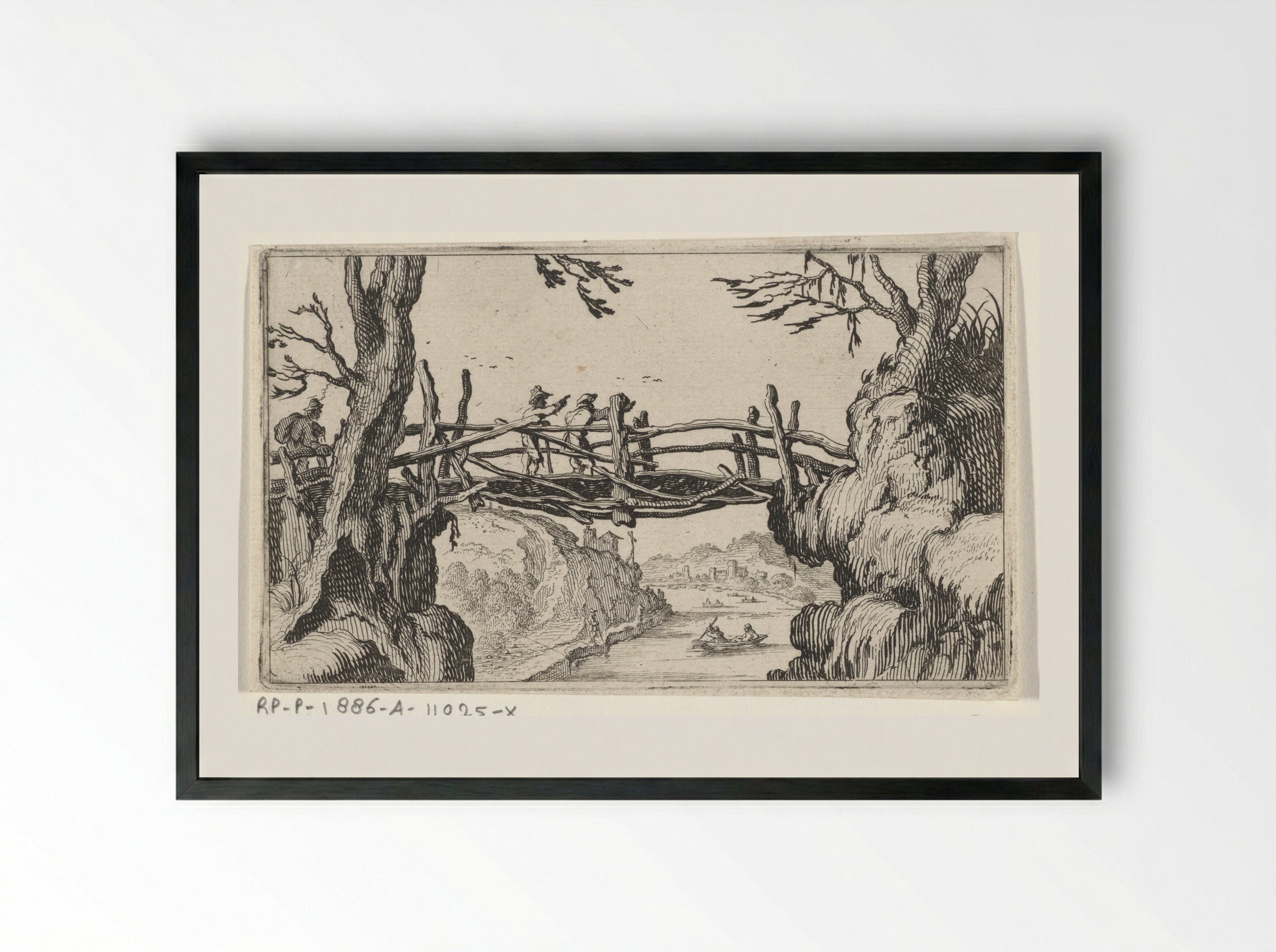 Three Walkers on a Wooden Bridge - Gillis van Scheyndel (I) - Framed Print Black